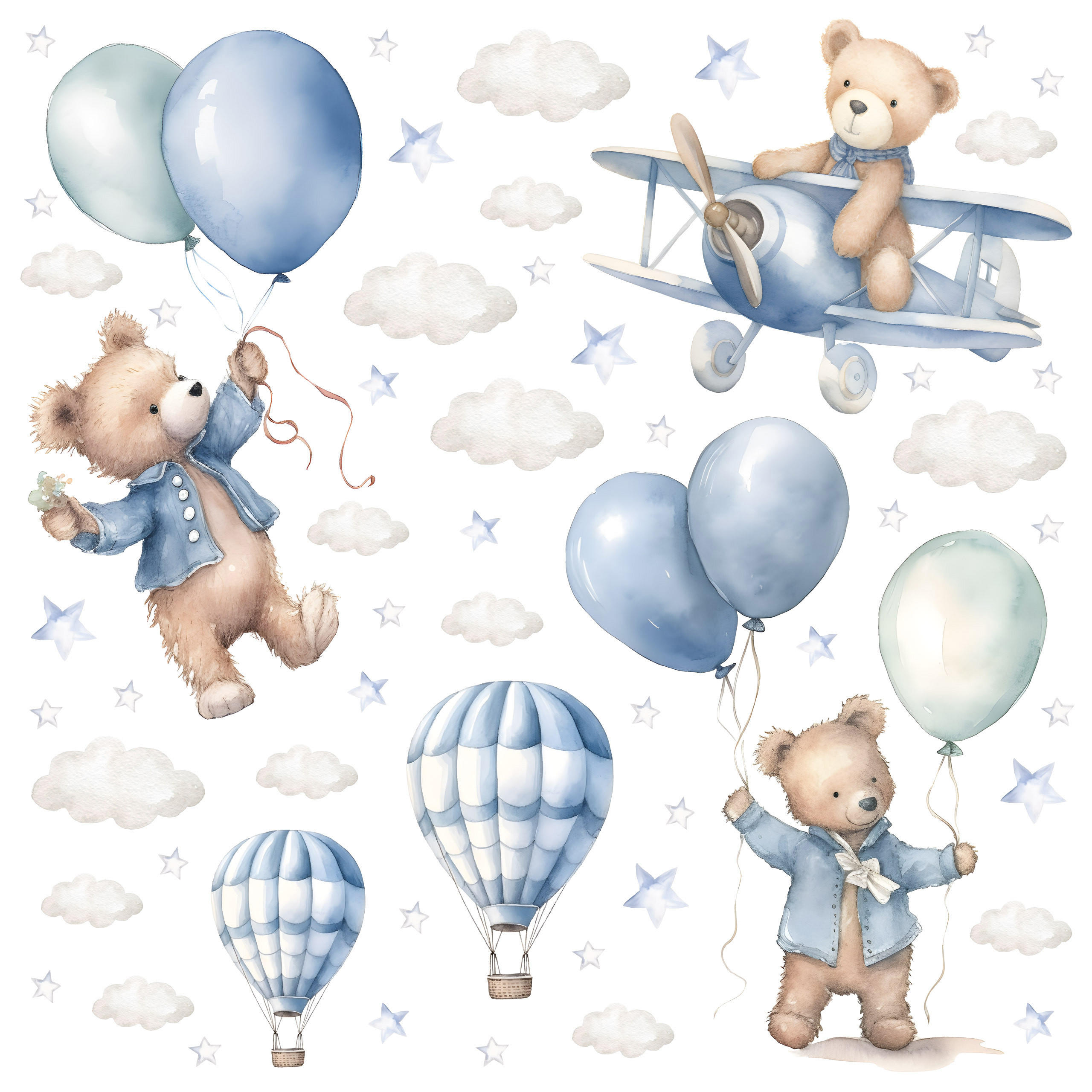 WANDSTICKER Bären Ballons 120x60 - Blau/Beige, Papier (120/60/60cm) - Muralo