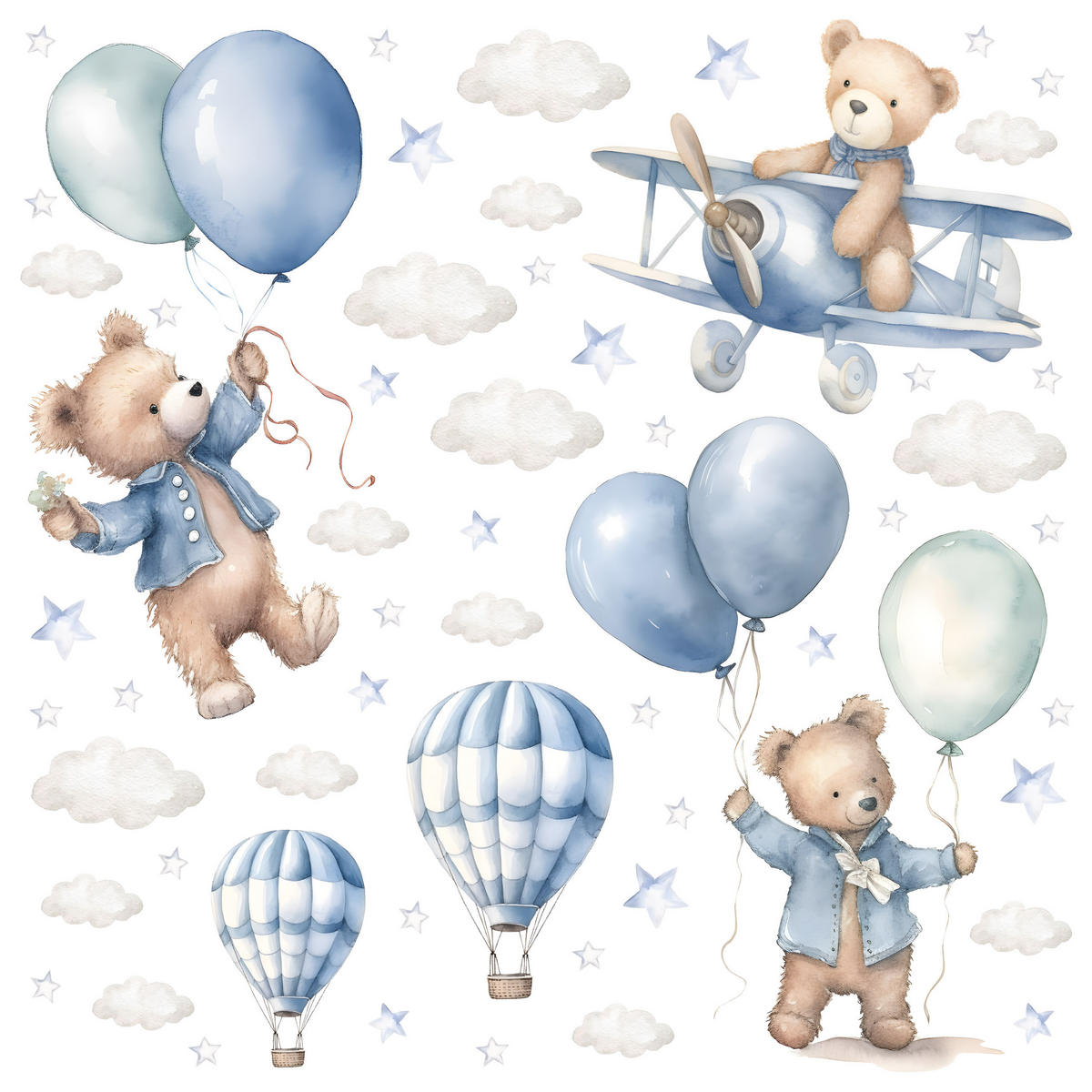 WANDSTICKER Bären Ballons 120x60 - Blau/Beige, Papier (120/60/60cm) - Muralo