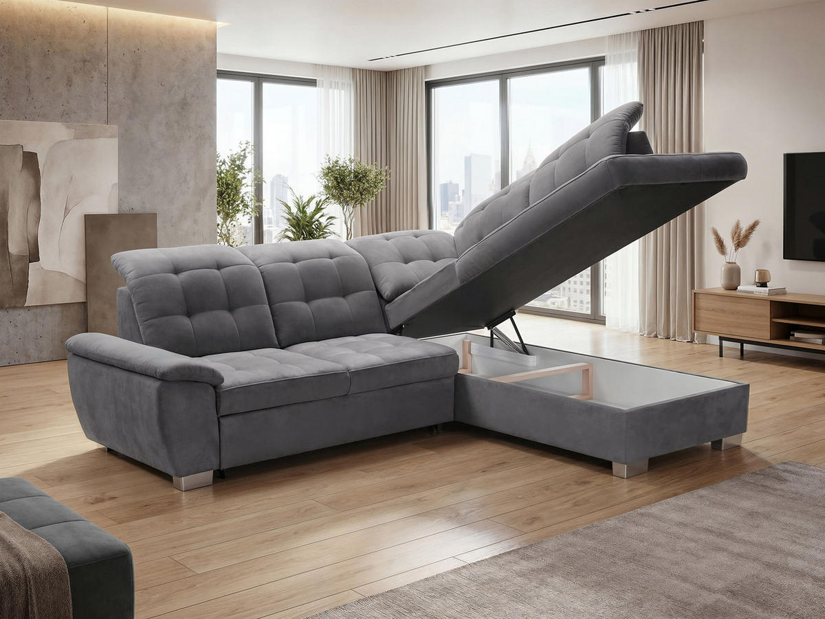 ECKSOFA LENO Rechts, mit Schlaffunktion und Bettkasten, Grau - Grau, Kunststoff/Textil (261/220cm) - Idohome