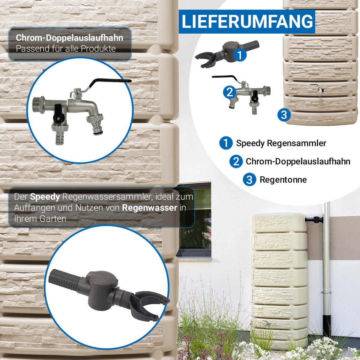 REGENTONNE Wandtank Komplett-Set 500 L, sandbeige inkl. Chrom-Doppelauslaufhahn und Fallrohranschluss - Beige, Kunststoff (75/184/51cm) - 4rain