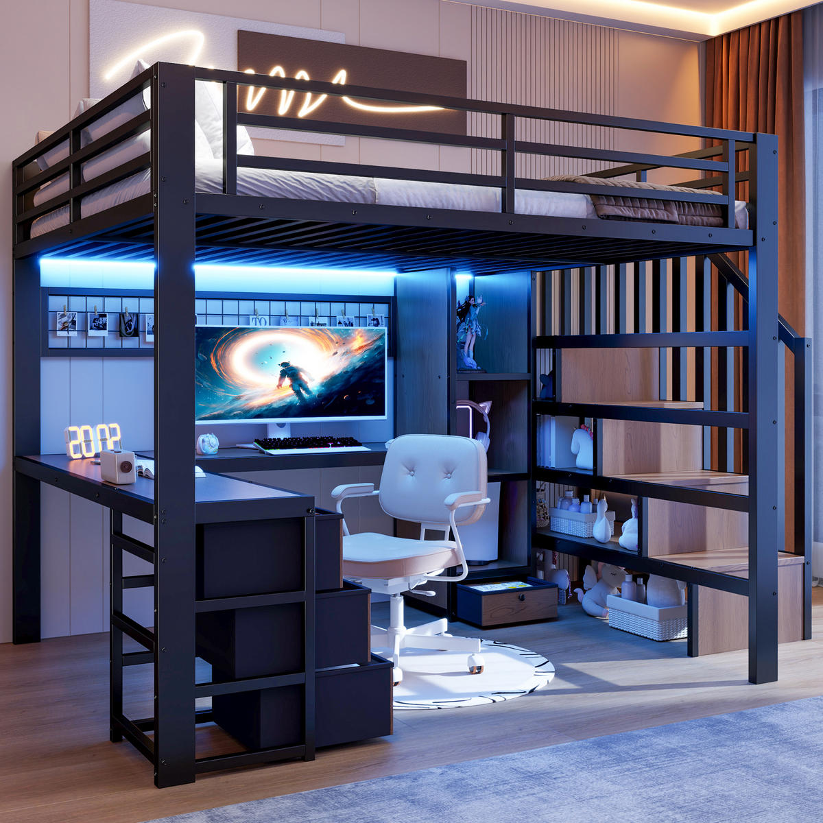HOCHBETT 140/200 mit LED, Schreibtisch, Schubladen und Stauraumtreppe in Schwarz - Schwarz, Holzwerkstoff/Metall (140/200cm) - EVRYAE