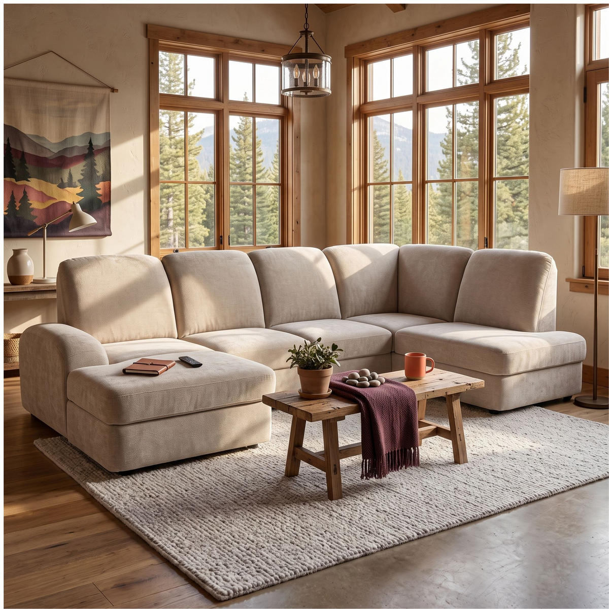 ECKSOFA VIBE U Rechts mit Schlaffunktion 129x263 Chenille Beige - Beige/Schwarz, Holz/Kunststoff (186/102/280cm) - Muffo
