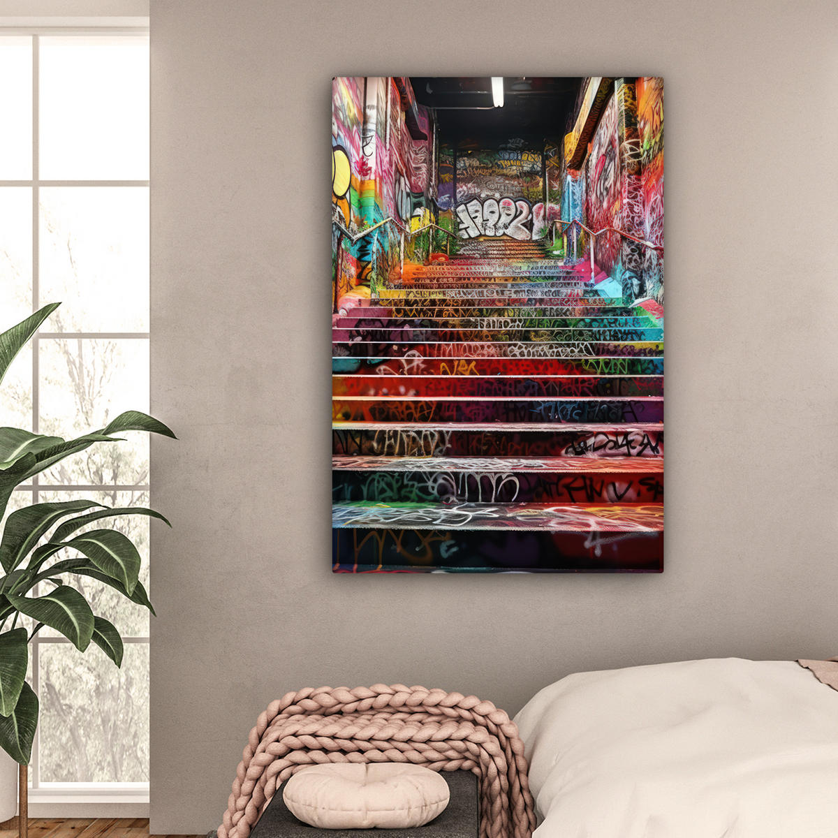 LEINWANDBILD Treppe - Graffiti - Farben - Kunst Deko XXL 80x120 cm - Multicolor, Textil (80/120cm) - MuchoWow