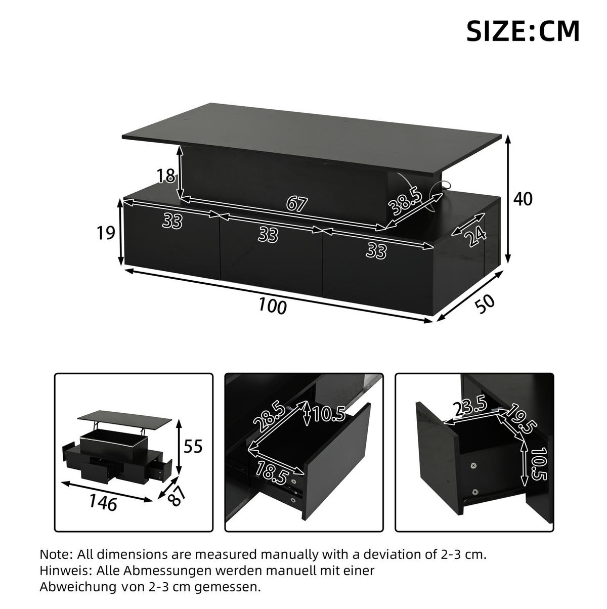KONFERENČNÍ stolek 100/50/40 cm černý z MDF s LED, výklopnou deskou a úložným prostorem - barva dubu, kompozitní dřevo (100/50/40cm) - OKWISH