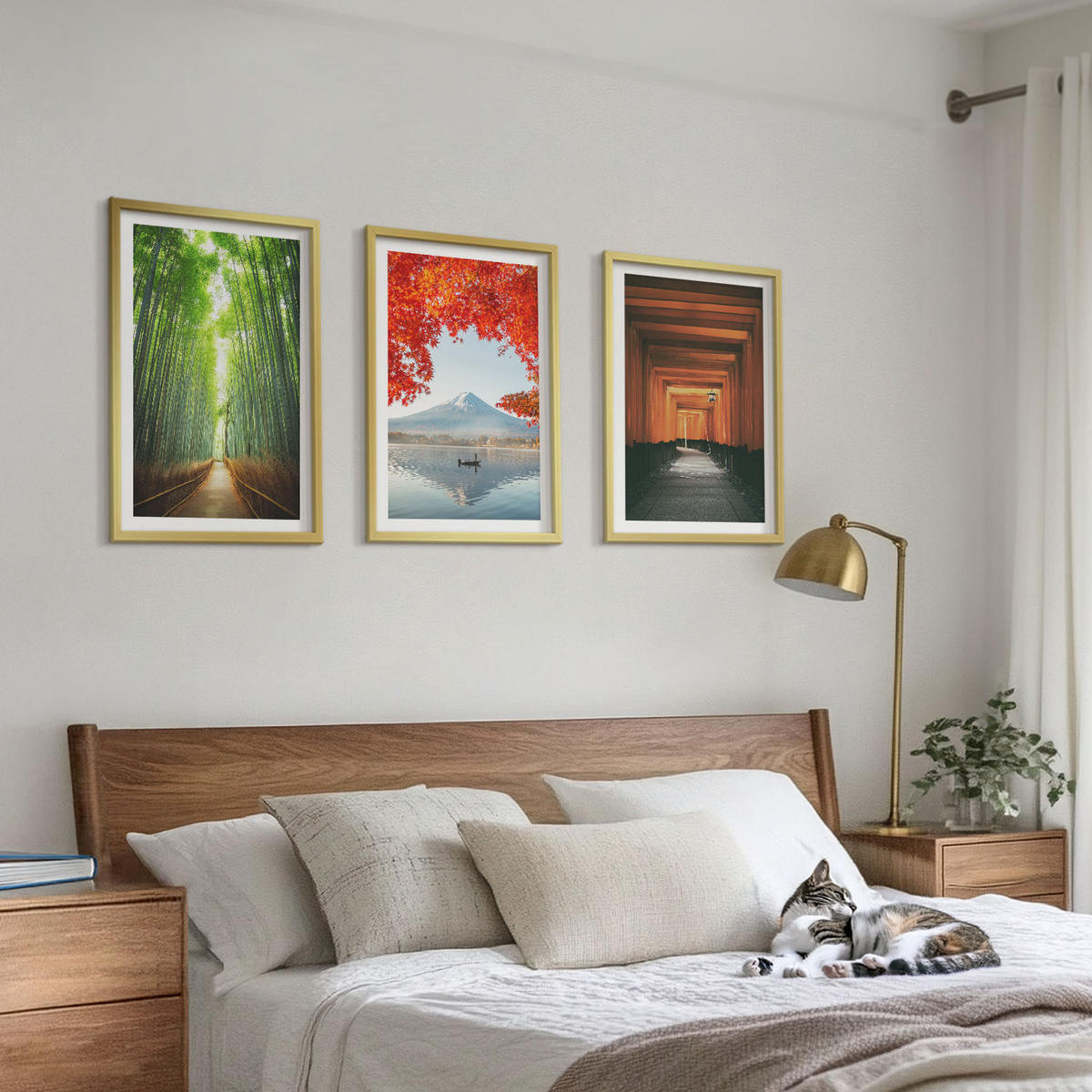 WANDBILDER 3er Set - 40x60 cm Goldrahmen - Fuji-Bambuswaldlandschaft - Goldfarben, Kunststoff (40/60cm) - ArtPrintCave