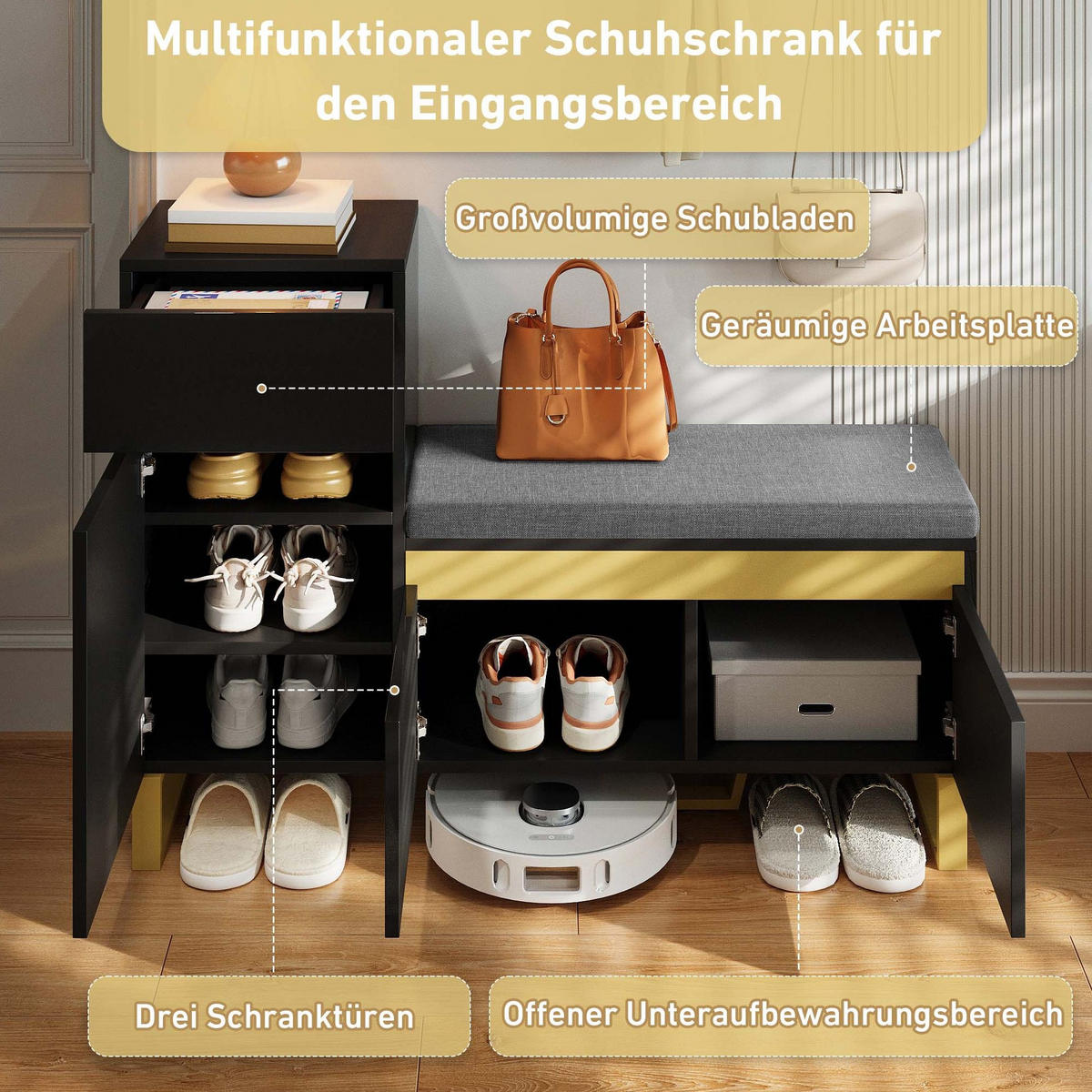 SCHUHSCHRANK 120/35/85 cm in Schwarz mit Sitzkissen, 1 Schublade und 2 Türen - Schwarz, Holzwerkstoff (120/85/35cm) - BEAOK