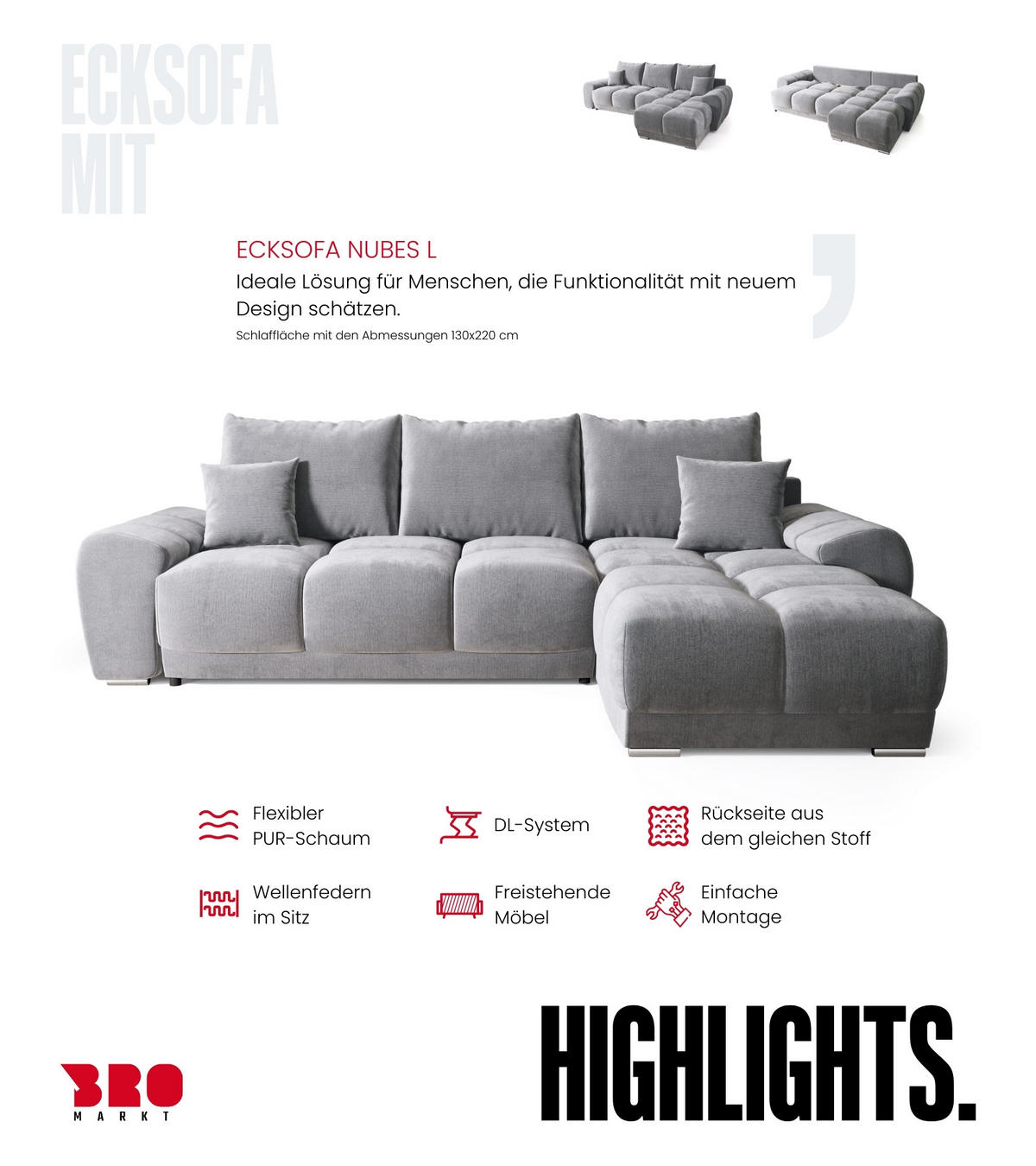 ECKSOFA Nubes mit Schlaffunktion Grau Plüsch - Silberfarben/Grau, Kunststoff/Textil (290/180cm) - Bromarkt