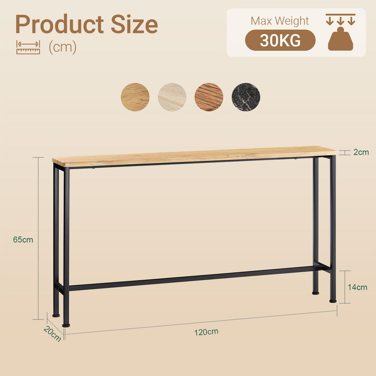 KONSOLENTISCH schmal 120x65x20cm für Flur Natur-Schwarz - Schwarz/Naturfarben, Holzwerkstoff/Metall (20/120/65cm) - SoBuy