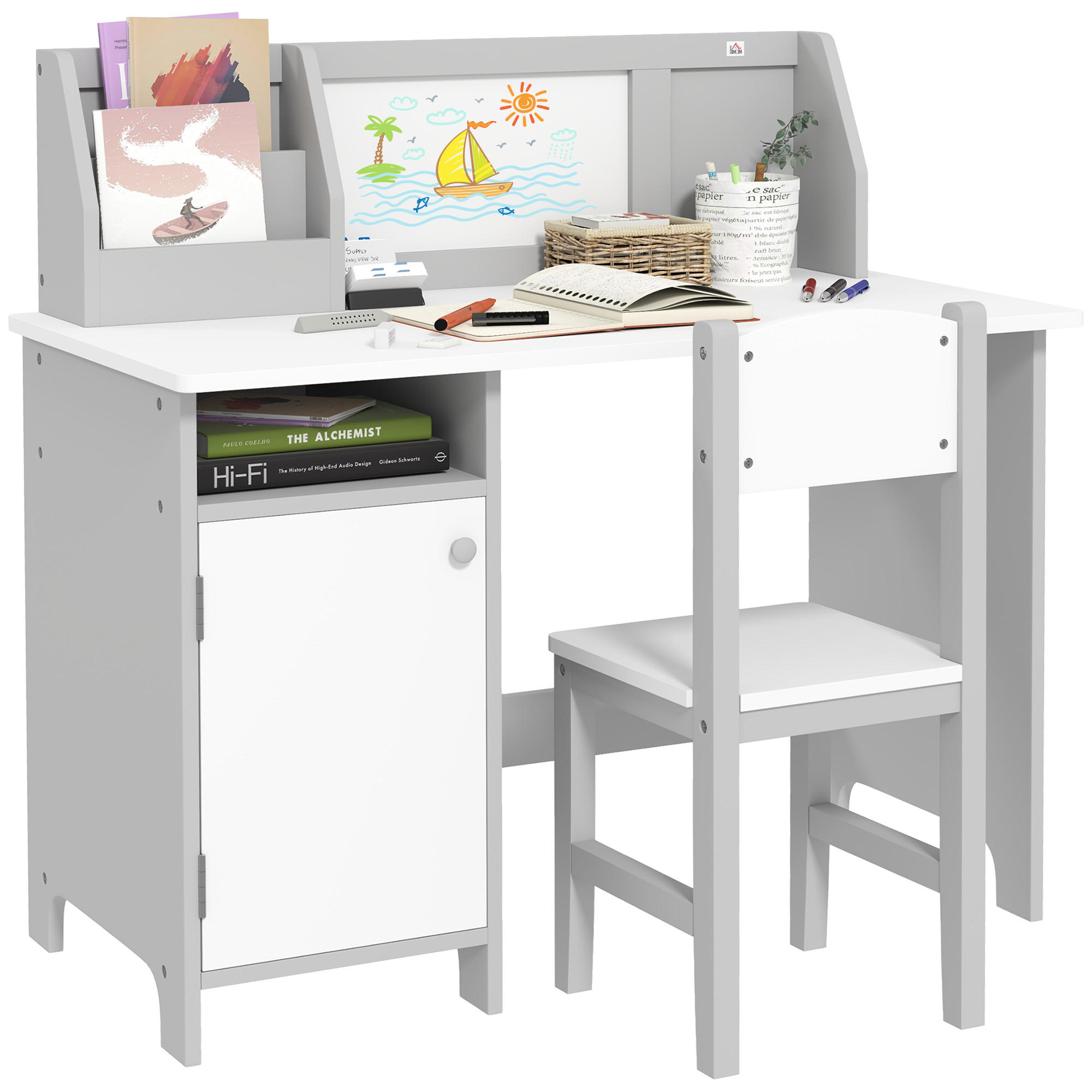 KINDER-SCHREIBTISCHSET DE-17514 mit Weißwandtafel und Stauraum Grau - Grau, Holzwerkstoff (90/85/45cm) - ComfortXL