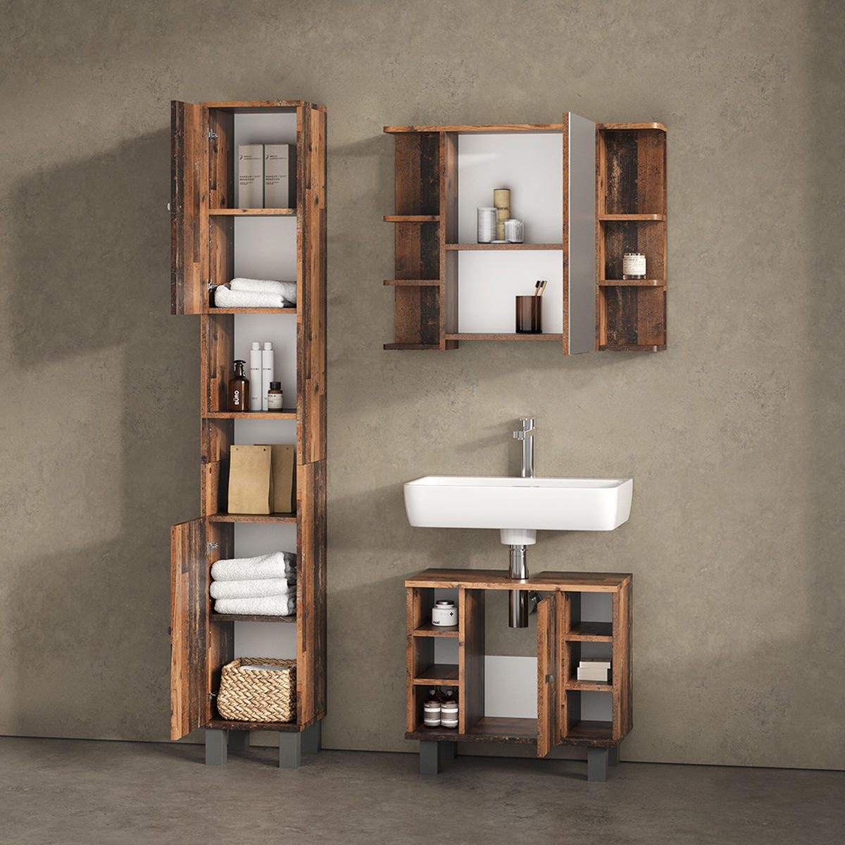 BADMÖBEL-SET Fucino Eiche rustikal 3 Teile, mit Hochschrank - Wildeiche, Holzwerkstoff (60/54/32cm) - Livinity®