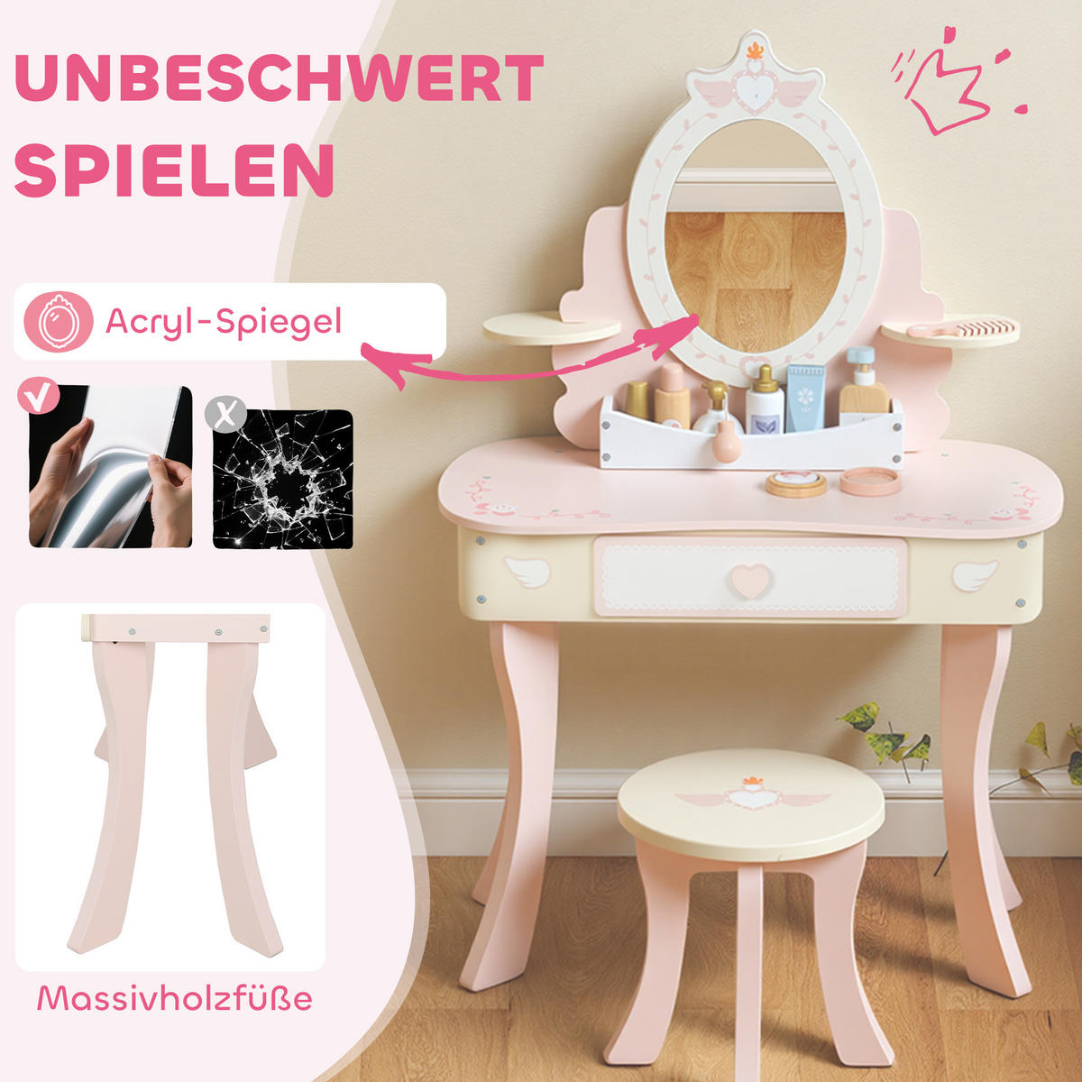 SCHMINKTISCH Kinder, Schminktisch-Set mit Hocker Schublade abnehmbarem Spiegel - Rosa, Holz/Holzwerkstoff (29.6/89.8/59.8cm) - AIYAPLAY