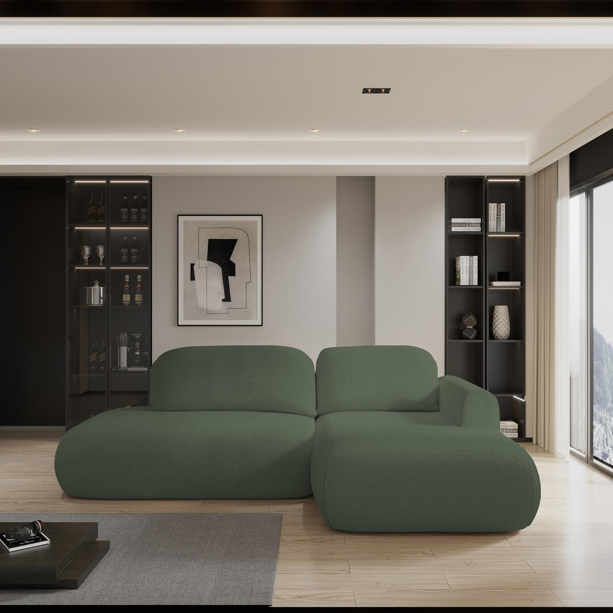 ECKSOFA NUVIRA R-S Grün Boucle-Stoff mit Schlaffunktion - Grün, Holz (274/165cm) - MASSENO