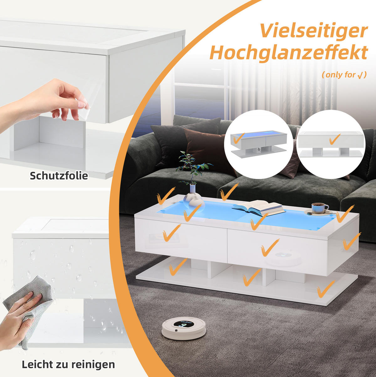 COUCHTISCH 100/50/35 cm in Weiß mit 2 Schubladen und LED-Beleuchtung - Weiß, Holzwerkstoff (100/50/35cm) - Flora Grace
