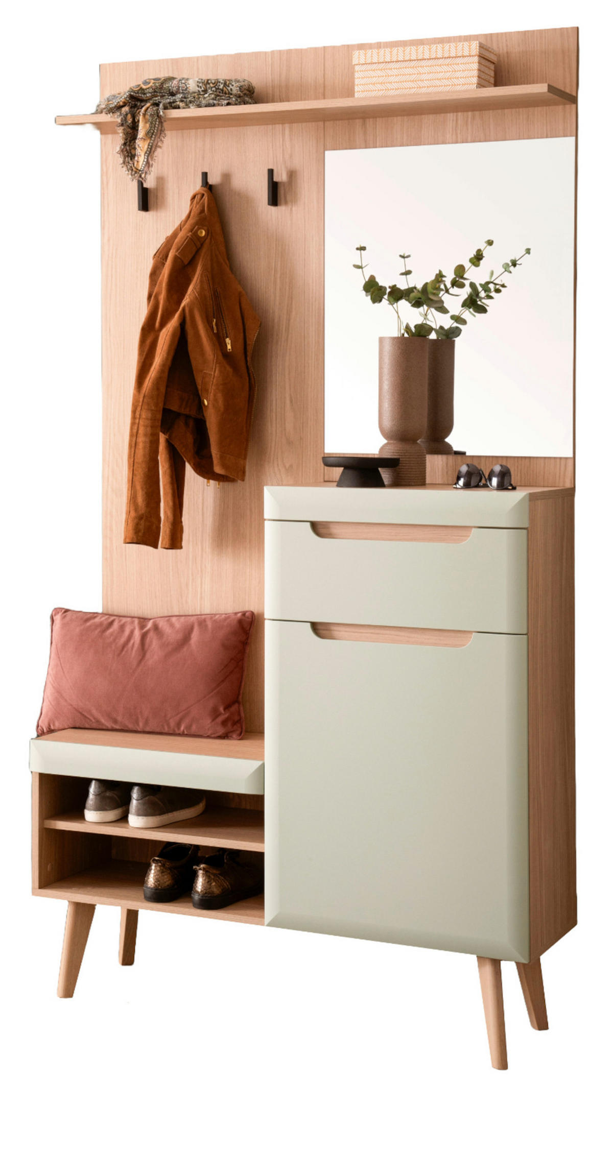 GARDEROBEN-SET Pistazie matt, Scandi Eiche, Kompaktgarderobe skandinavisch 110 x 197 cm - Eichefarben/Pastellgrün, Glas/Holz (107/197/34cm) - Furn.Design