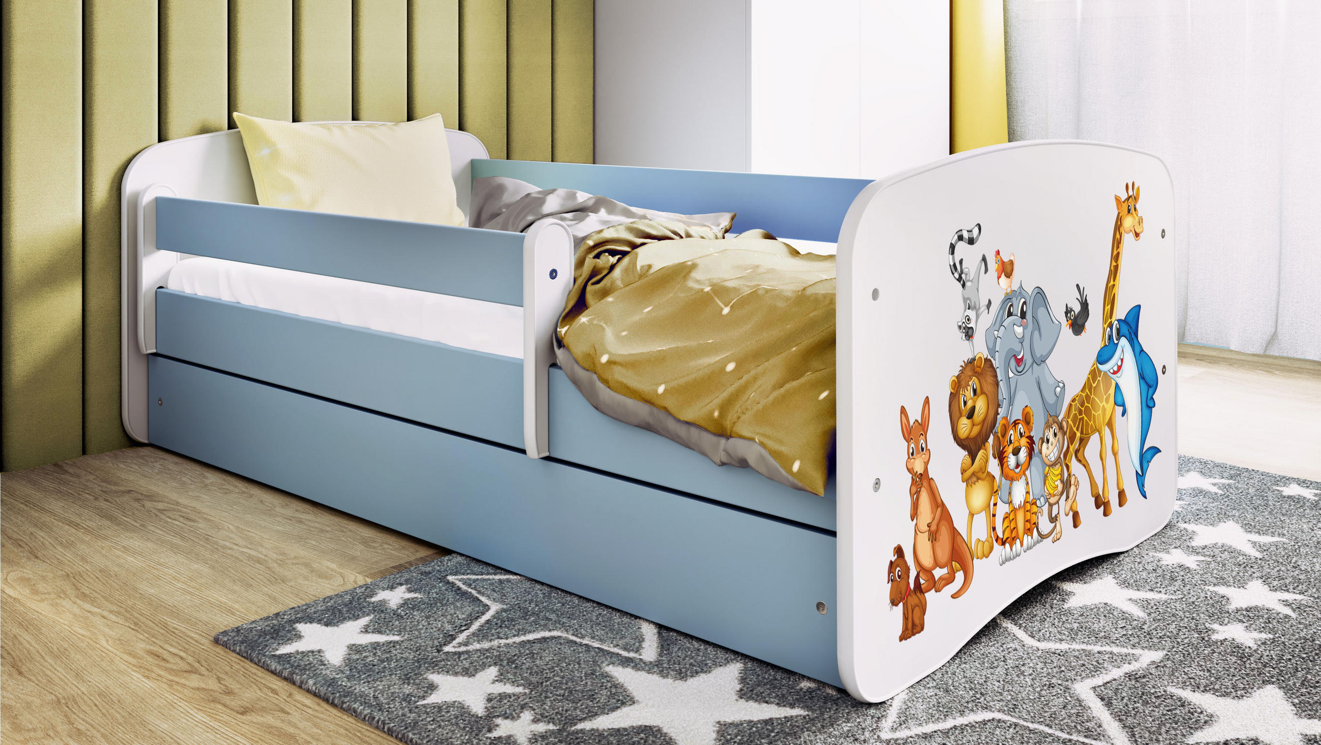 KINDERBETT Tiere mit Schublade 180/80 90/61/184 - Blau, Holzwerkstoff (80/180cm) - RAUMHIRSCH FURNITURE
