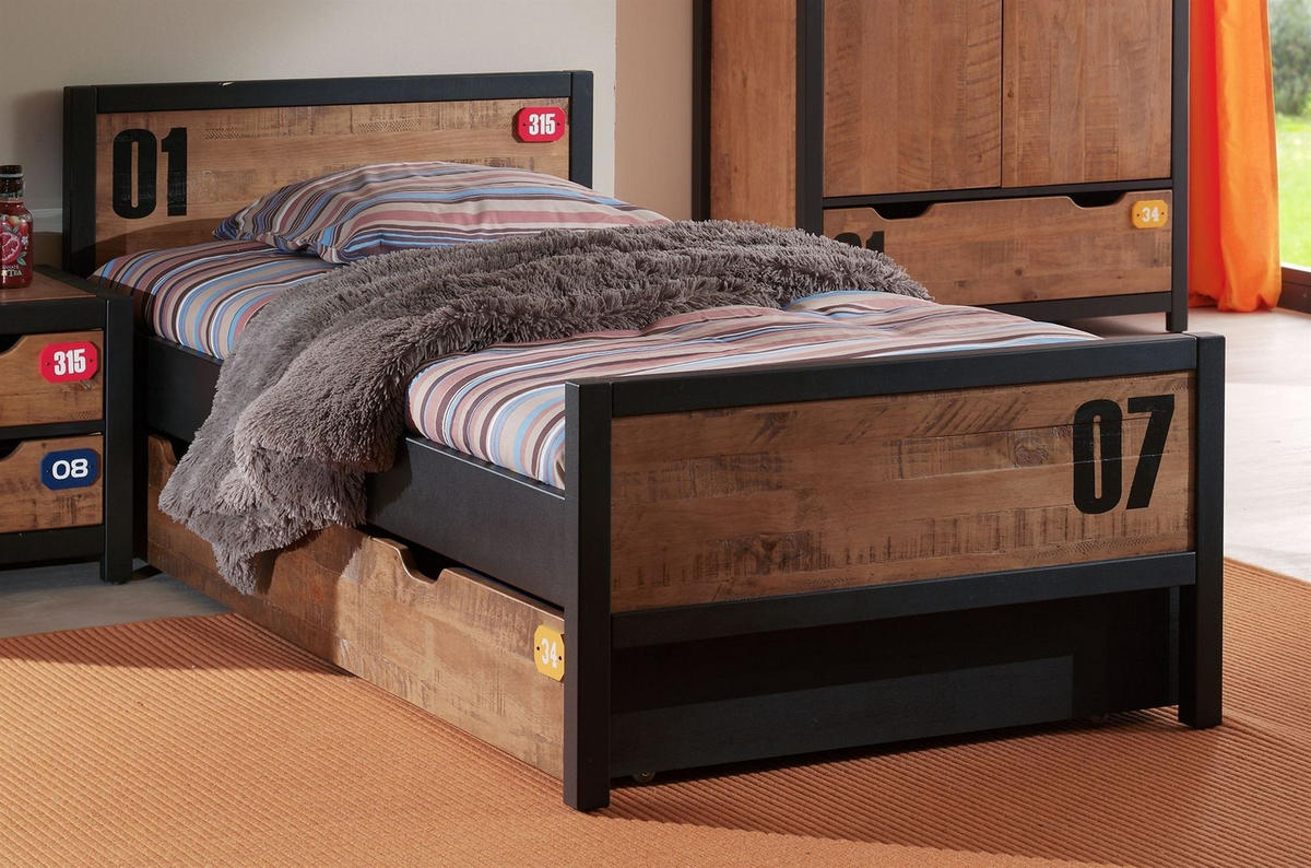 EINZELBETT Kameko 209x75x97 aus Massivholz+MDF in Schwarz/Natur - Cognac/Schwarz, Holz (90/200cm) - 58aufmkessel