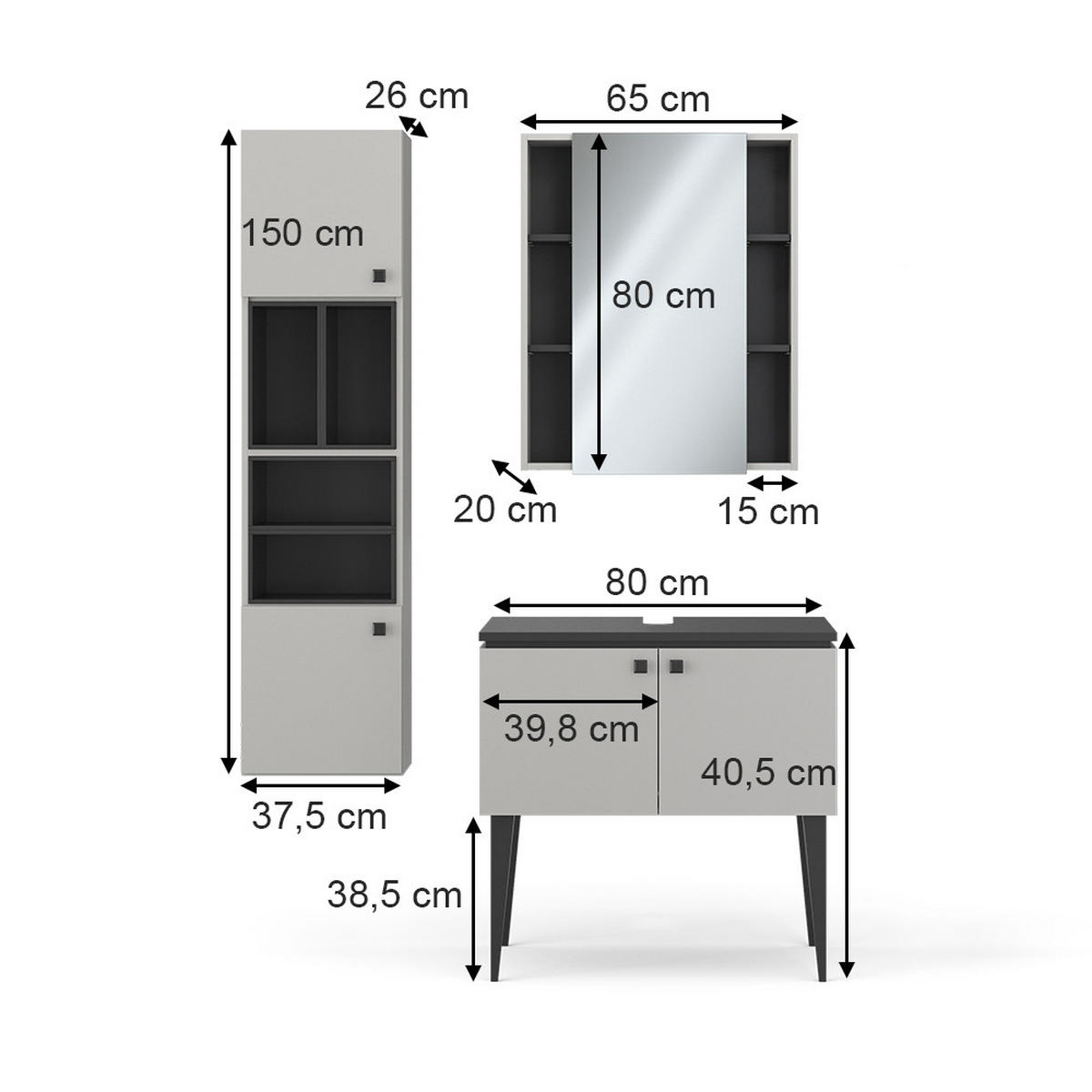 BADMÖBEL-SET Gerta Grau 3 Teile, Hängeschrank 2 Türen - Schwarz/Grau, Holzwerkstoff (80/79/50cm) - Vicco
