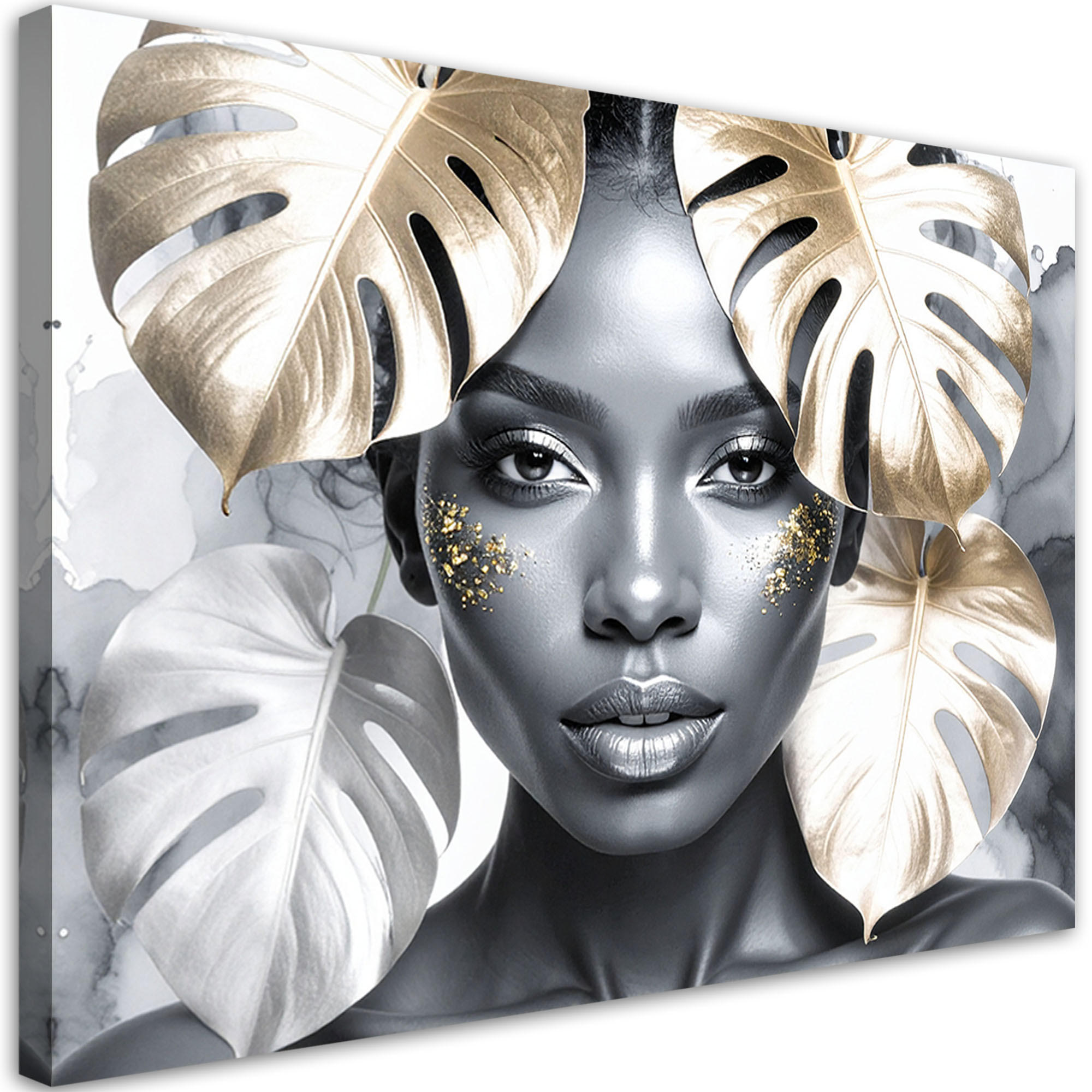 LEINWANDBILD Porträt einer Frau und goldene Monstera-Blätter 90x60cm - Grau, Textil (90/60cm) - Feeby