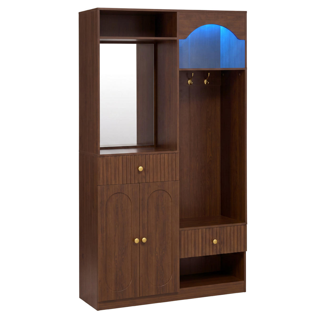 GARDEROBE 100cm Walnuss mit LED, Spiegel, Schuhschrank & Sitzbank - Walnussfarben, Holzwerkstoff (100/180/35cm) - Urban Meuble