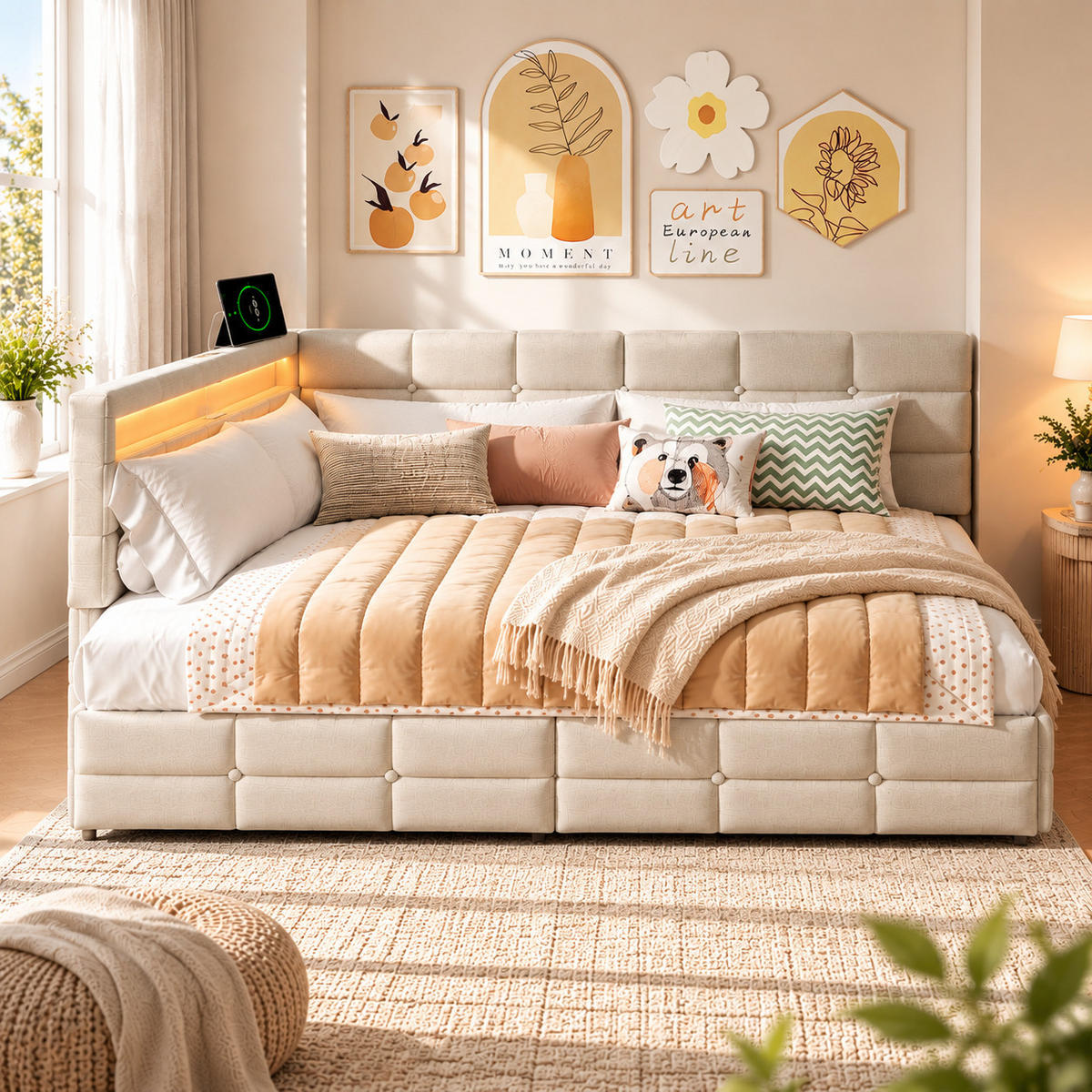 POLSTERBETT 140/190 cm, beiges Stoffbett mit LED-Kopfteil und Stauraum, modernes Einzel- und Jugendbett für Schlafzimmer - Beige, Holz/Metall (140/190cm) - Joyfair