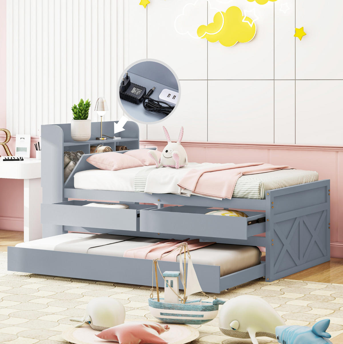 JUGENDBETT 90/190 cm mit Ausziehbett, 2 Schubladen, Nachttisch mit USB und Stauraum, Grau - Grau, Holzwerkstoff (90/200cm) - Redom