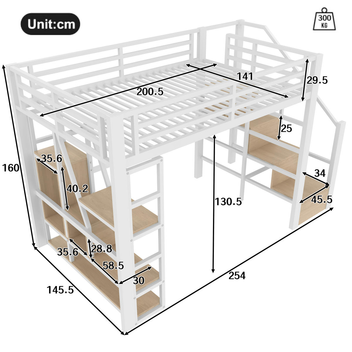 HOCHBETT aus Metall und MDF 140x200 cm in Weiß mit LED & Stauraum - Weiß, Metall (140/200cm) - Modfu