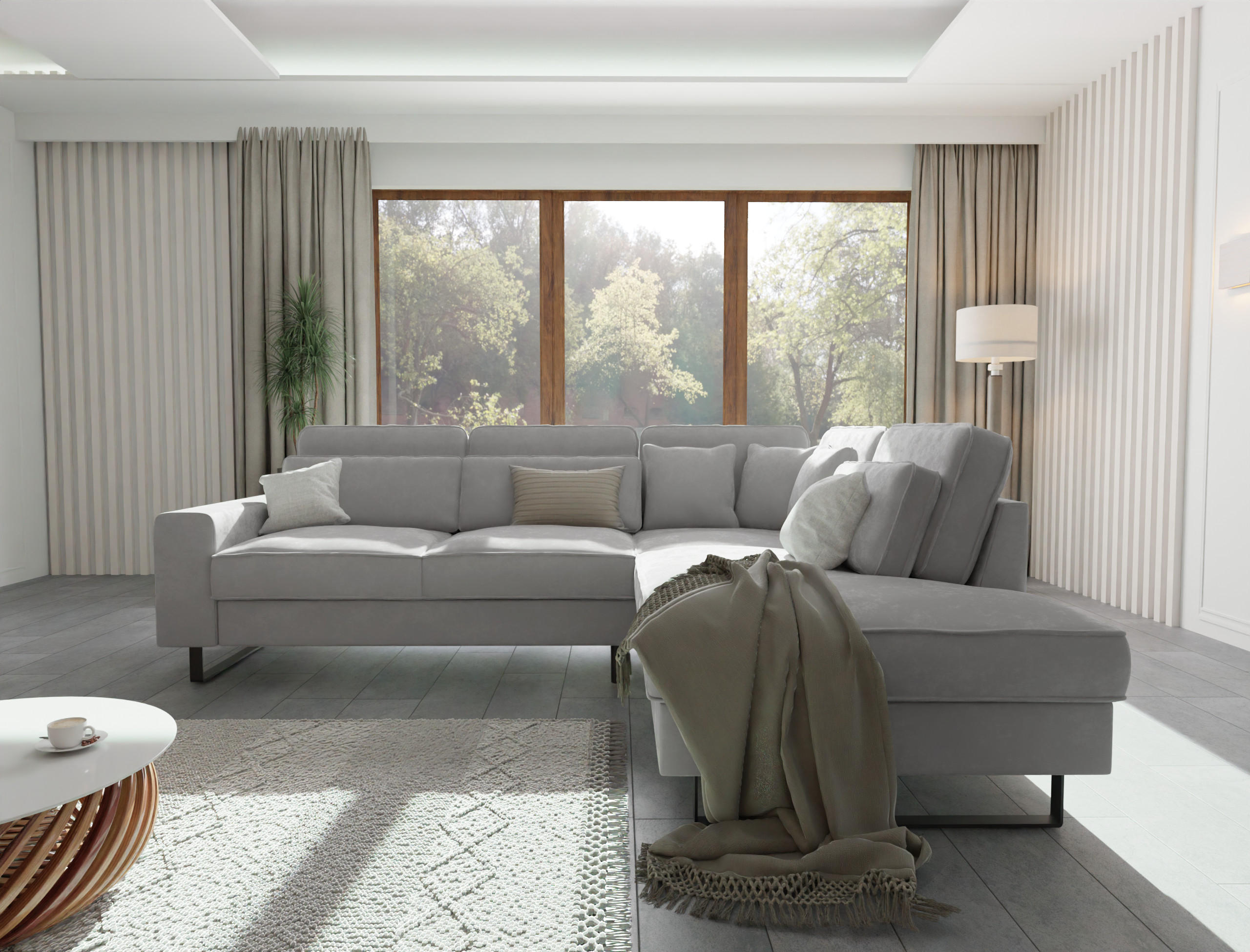 Thumbnail - S-Style Möbel Ecksofa, Hellgrau, Textil, Echtholz,Buche, Birke, 6-Sitzer, Füllung: Silikon,Silikon, L-Form, Eckteil, Ott...