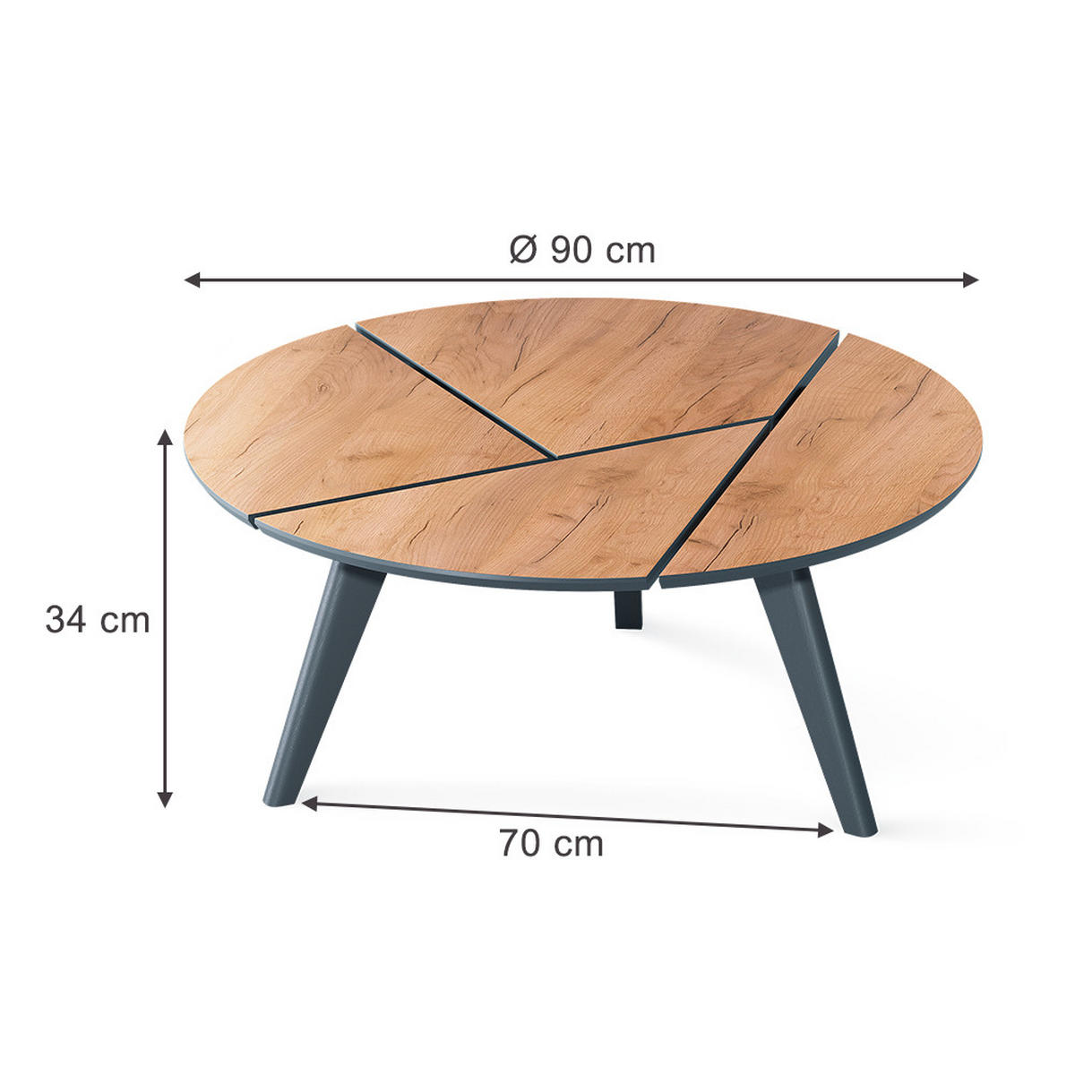 COUCHTISCH Mairo, Goldkraft Eiche/Schwarz, 90 x 34 cm - Honigeiche/Schwarz, Holzwerkstoff (90/90/34cm) - Vicco