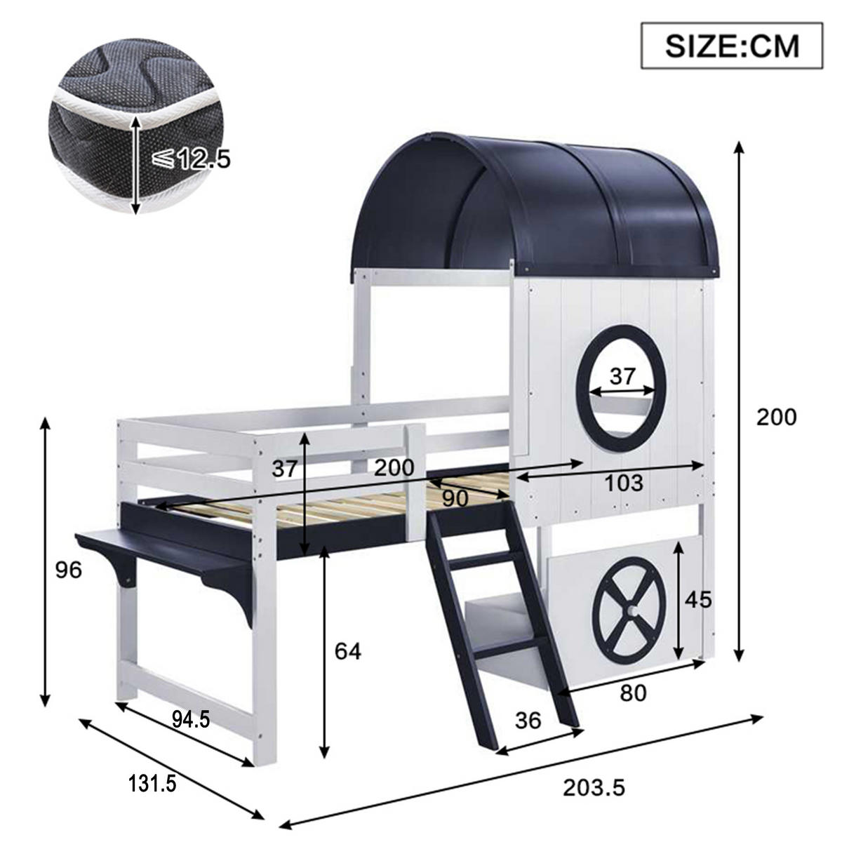 ETAGENBETT 90/200 cm Weiß+Dunkelblau mit Dach und Fenster aus Kiefer und MDF - Weiß, Holzwerkstoff (90/200cm) - OKWISH