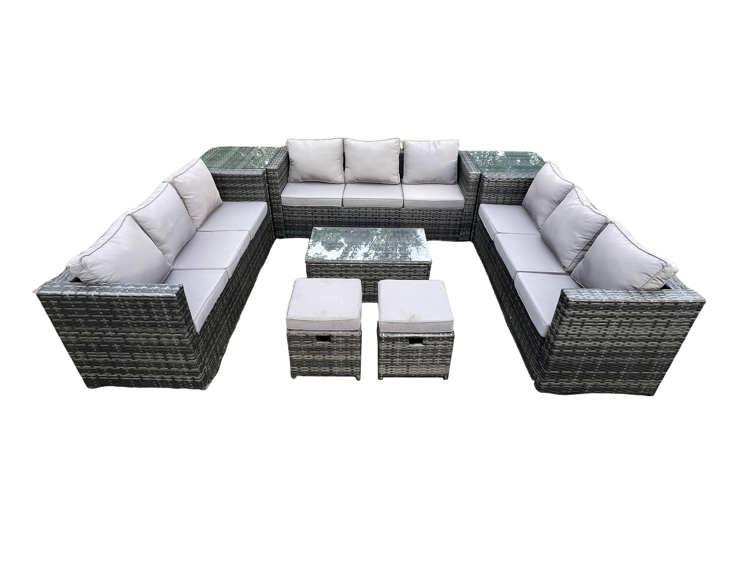 GARTENSET mit Beistelltisch Polyrattan 11-Sitzer - Dunkelgrau, Metall - Fimous