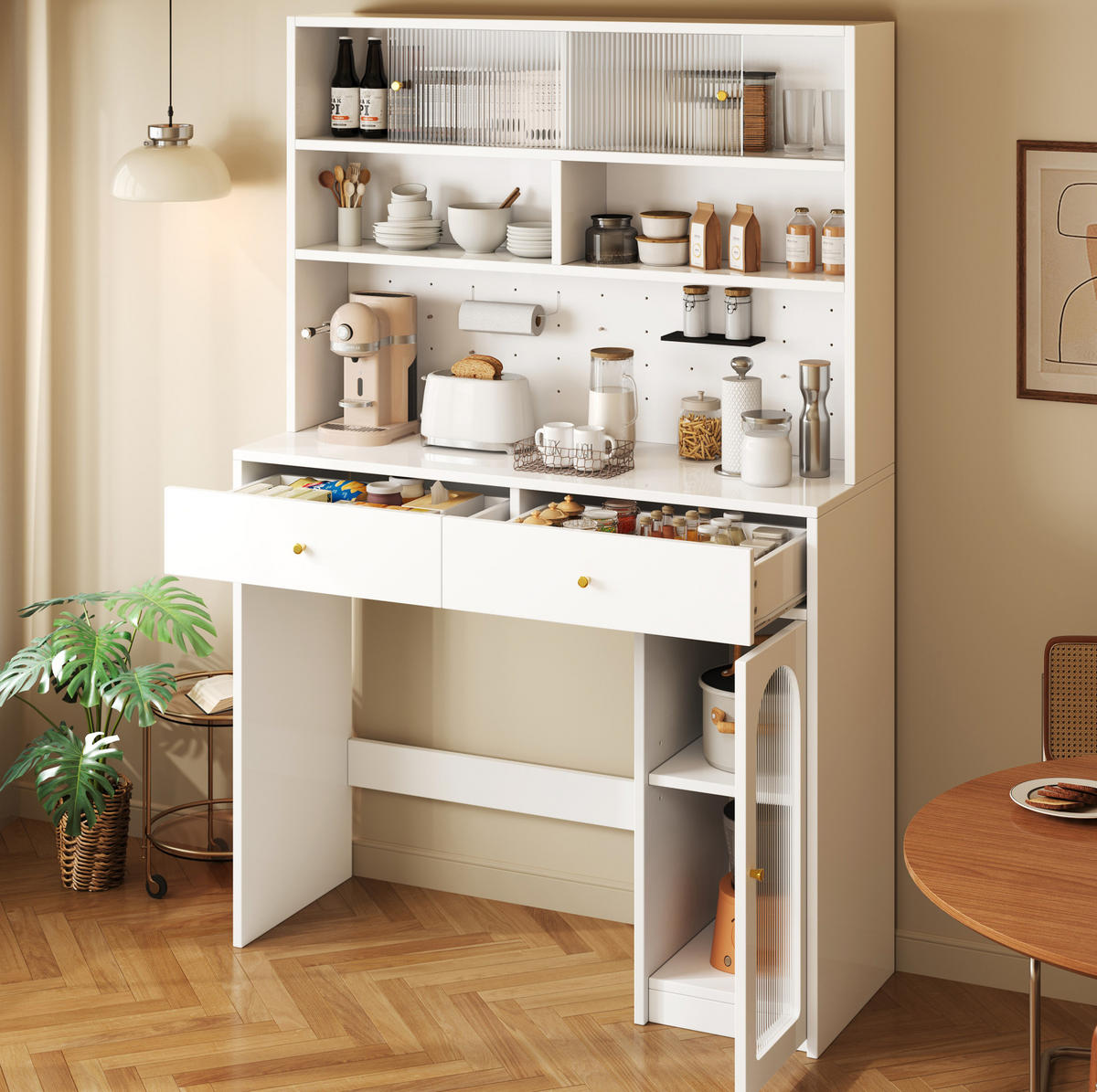 BUFFET 120/45/180 cm in Weiß mit Arbeitsfläche, 2 Schubladen und Hakenleiste - Weiß, Holzwerkstoff (120/180/45cm) - Flora Grace