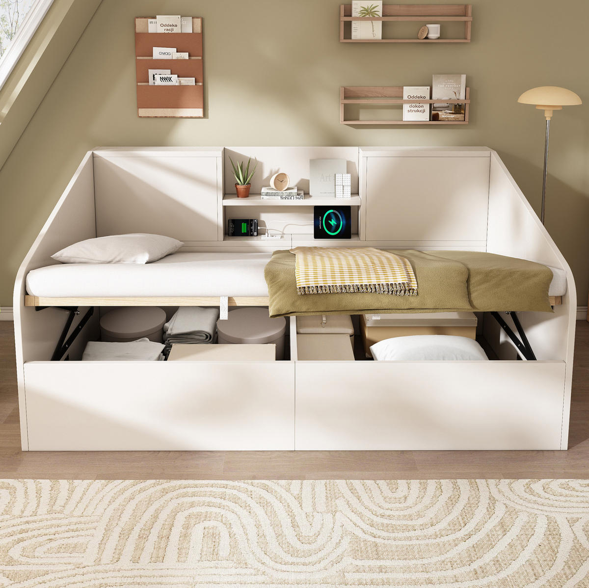 HOLZ-TAGESBETT 90/200 cm mit Bettkasten, USB/Type-C und Lattenrost - Weiß, Textil (90/200cm) - BEAOK