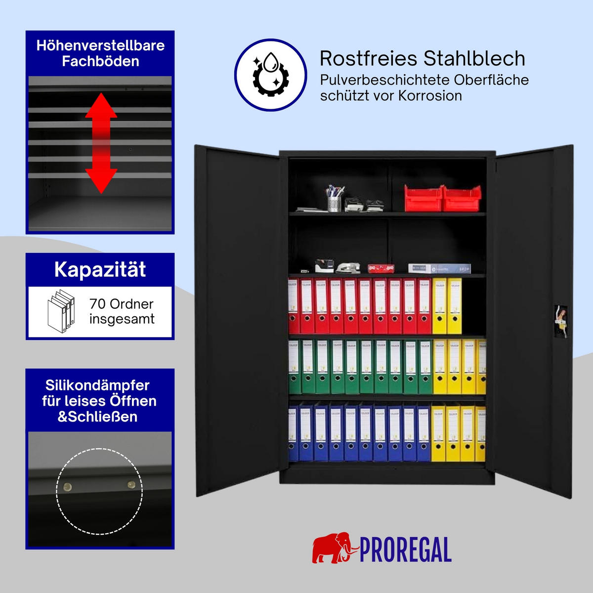 FLÜGELTÜRENSCHRANK Elephant 180x120x40cm 4 Ebenen Schwarz - Schwarz, Metall (120/180/40cm) - PROREGAL