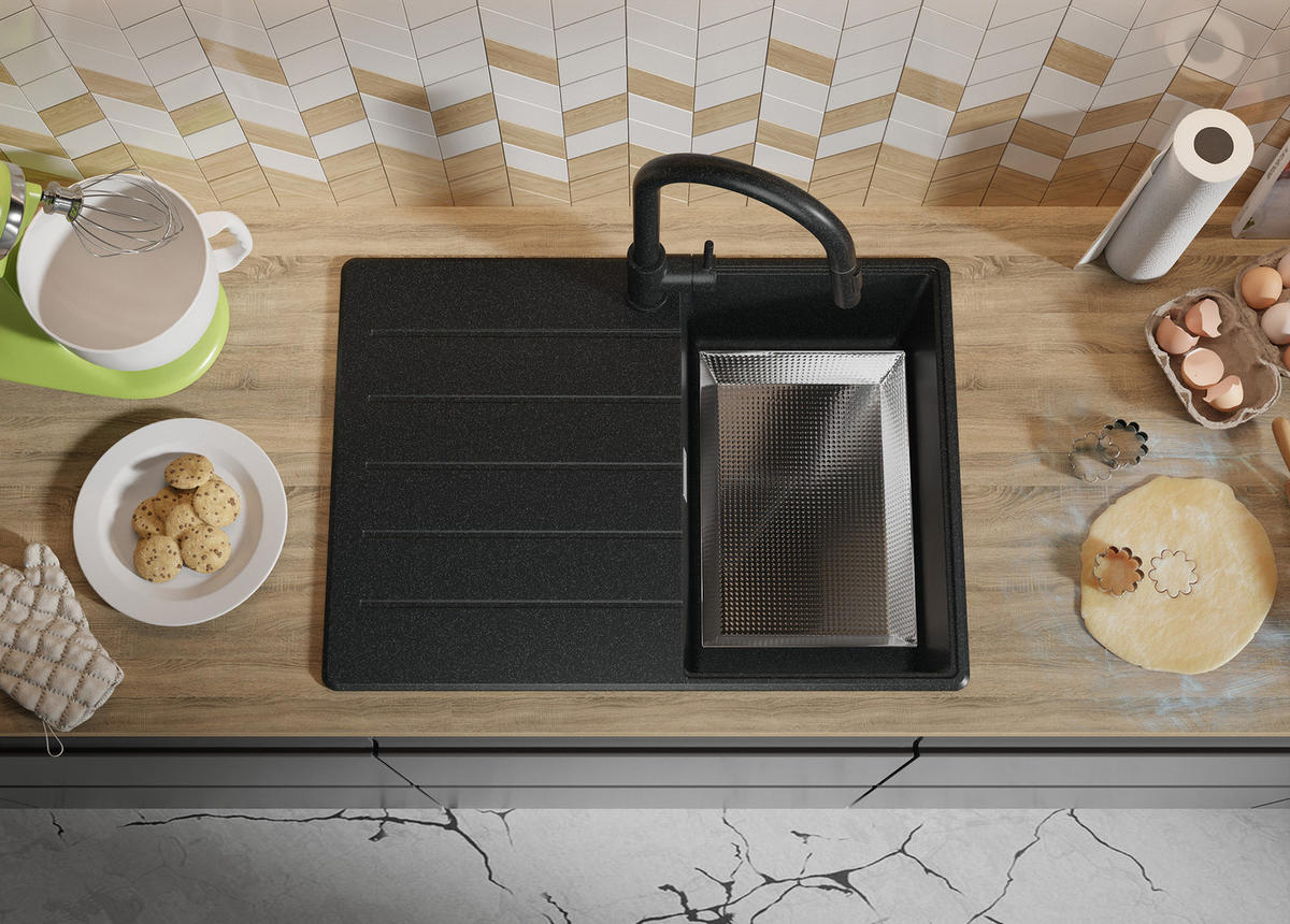 SPÜLBECKEN Kopenhagen, 2-er set Anthrazit 70/50 cm 1 Becken + Ablauf-Set + Schneidebrett ab 40er Unterschrank - Chromfarben/Anthrazit, Kunststoff (70/20/50cm) - Primagran