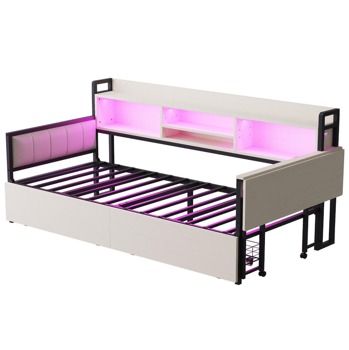 BETT 90/200 cm in Weiß mit LED-Beleuchtung, Schreibtisch und Stauraum - Weiß, Metall (90/200cm) - Flora Grace