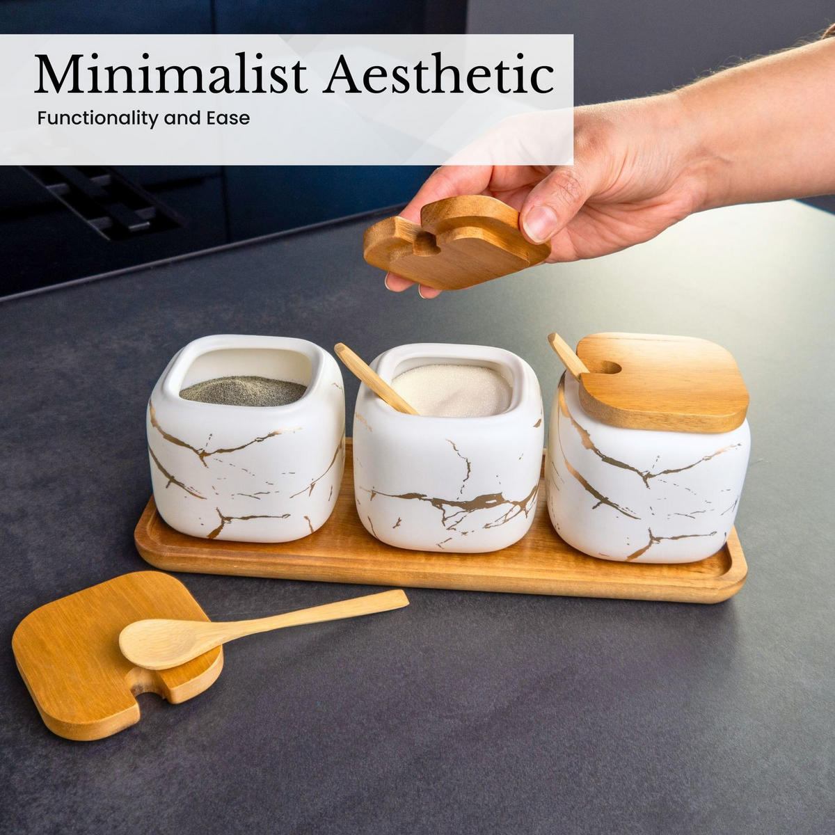 ZUCKERDOSE Vorratsdose mit Deckel Löffel Holztablett (3er-Set) - Weiß, Keramik (8.5/11.5cm) - Intirilife