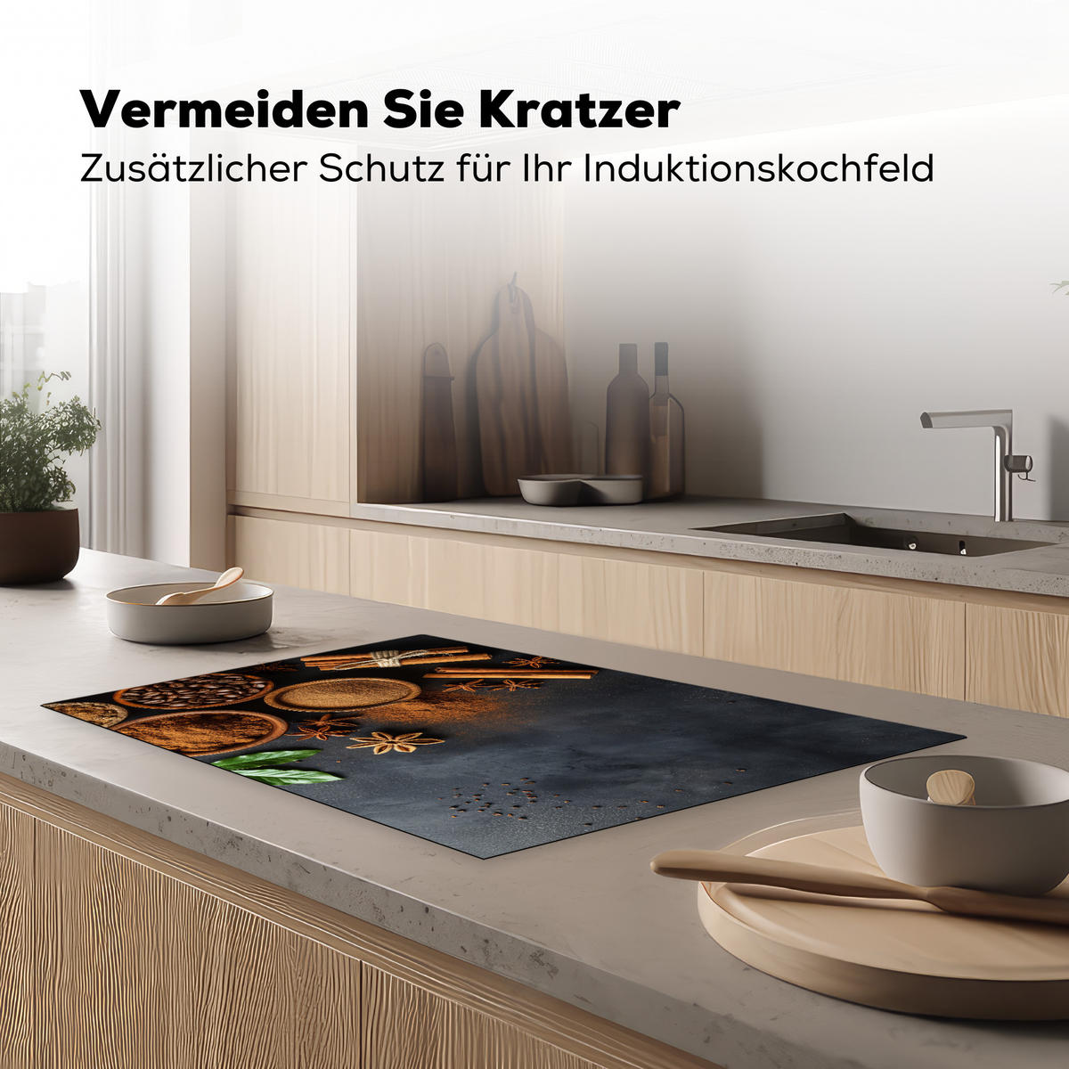 HERDABDECKPLATTE Zimt - Beton - Kaffee - Zimtstangen - Gewürze 80x52 cm - Mokka, Kunststoff (80.2/0.2/52.2cm) - MuchoWow