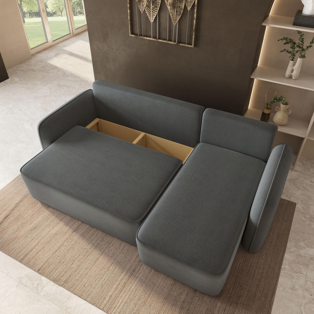 ECKSOFA DOLVER CL Grau Samtstoff mit Schlaffunktion - Grau, Holzwerkstoff/Textil (238/156cm) - MASSENO