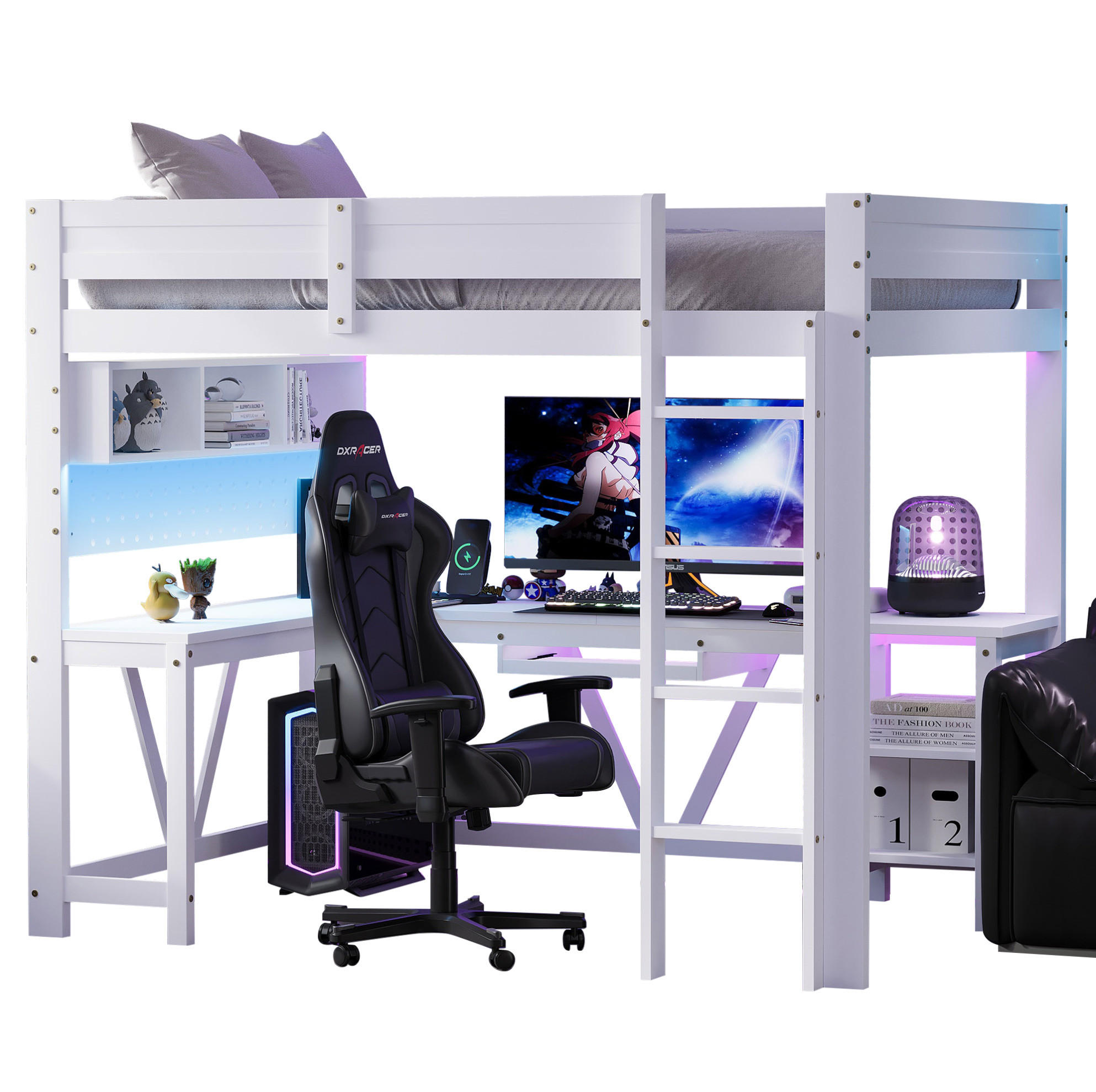 HOCHBETT 90/200 cm weiß aus Kiefer und MDF mit Schreibtisch & LED - Weiß, Holzwerkstoff (90/200cm) - OKWISH