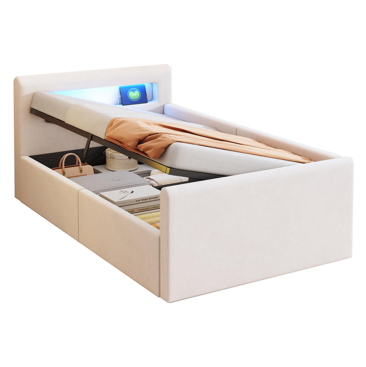 POLSTERBETT 90/200 cm Beige mit Stauraum, LED-Beleuchtung und USB-Anschluss - Beige, Textil (90/200cm) - Flora Grace