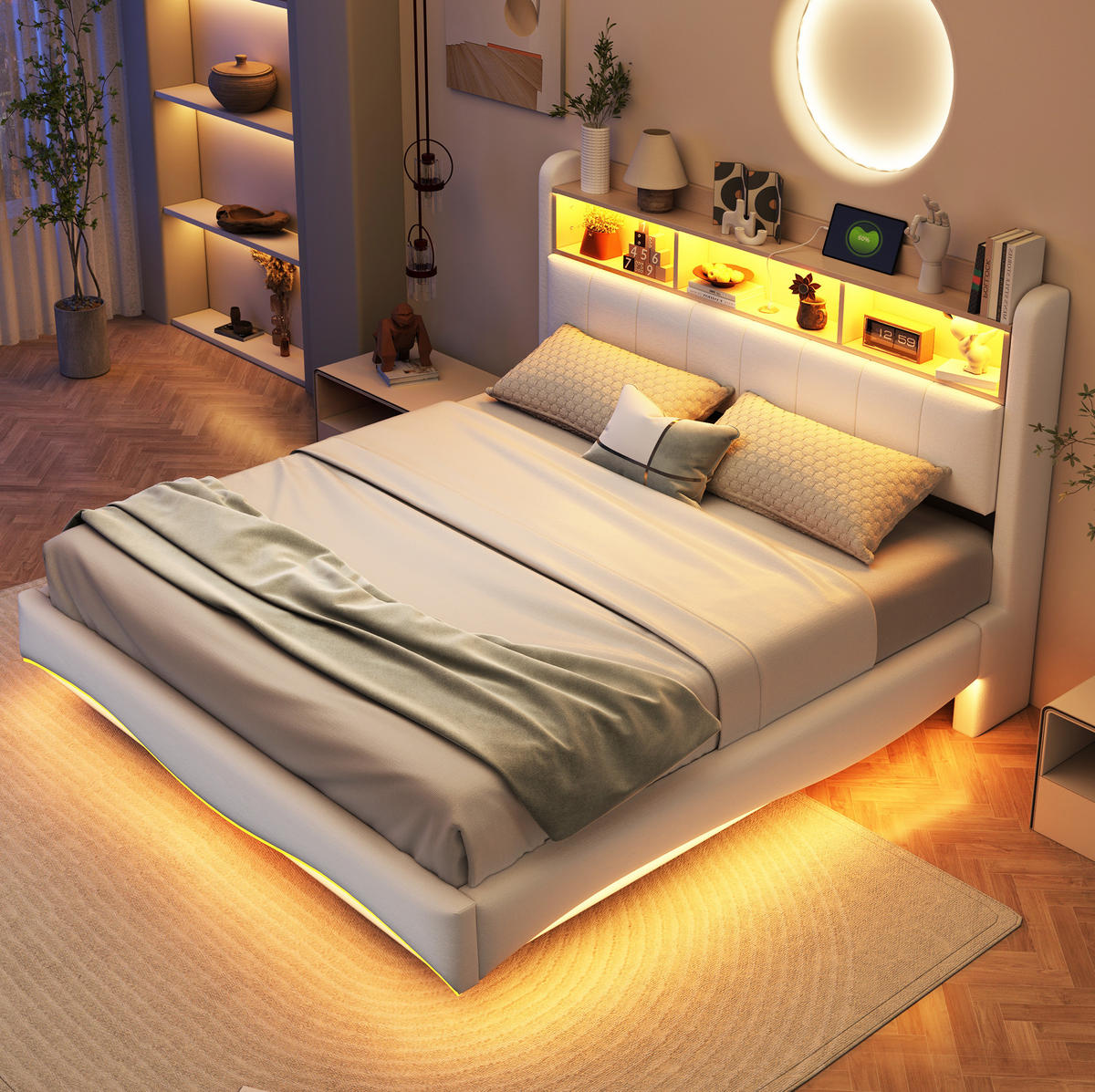POLSTERBETT 160/200 cm mit LED-Beleuchtung, USB-C und gepolstertem Kopfteil - Beige, Textil (160/200cm) - BEAOK