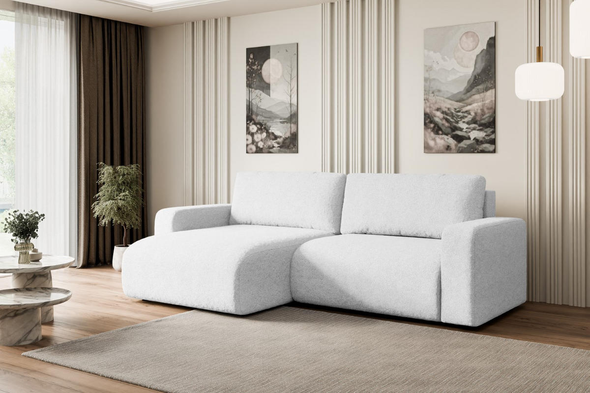 ECKSOFA mit Schlaffunktion und Bettkasten KLEEA-L - 247x143x83 cm Weiß Bouclé - Schwarz/Weiß, Holzwerkstoff/Kunststoff (247/143cm) - ALTDECOR