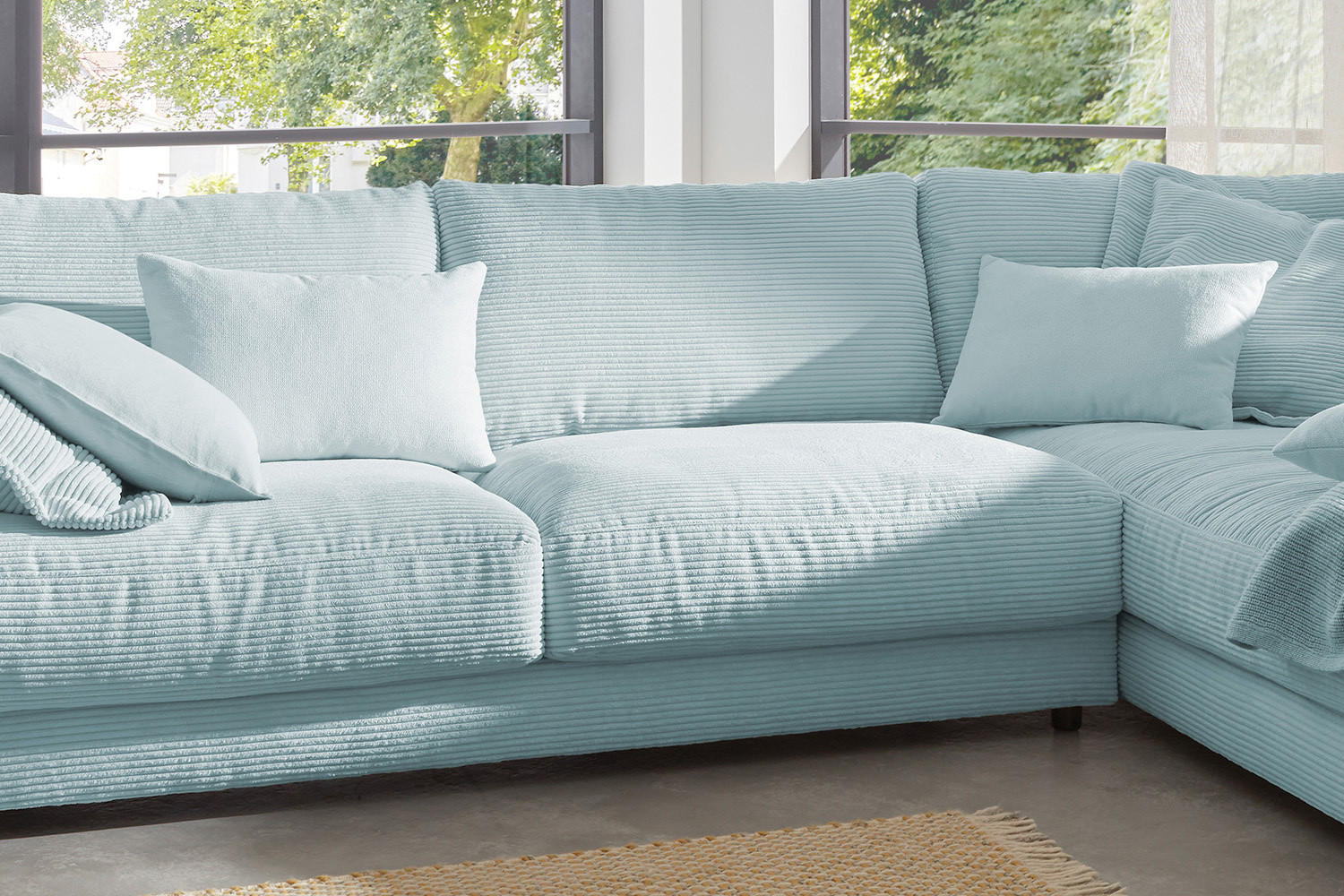 Thumbnail - Kawola Ecksofa, Hellblau, Textil, Echtholz, 3-Sitzer, Füllung: Komfortschaum, Ottomane rechts, L-Form, 325x224 cm, Wohnz...