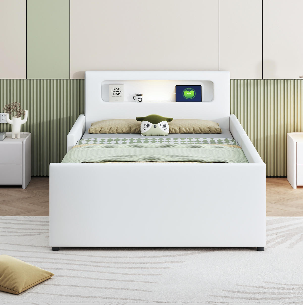 POLSTERBETT 90/200 cm Weiß mit LED-Beleuchtung, USB-Anschluss und Schublade - Weiß, Textil (90/200cm) - Flora Grace