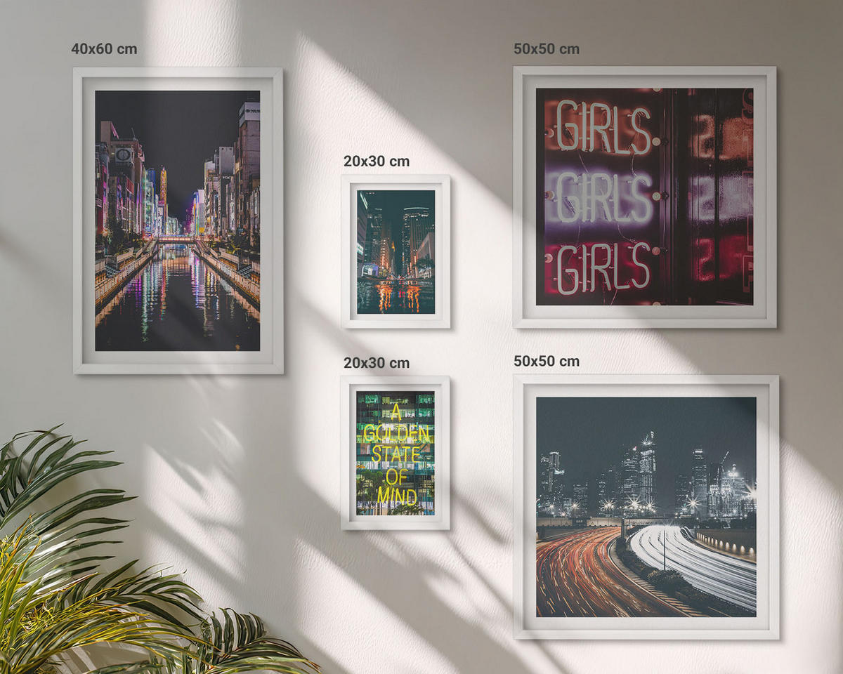 BILDER SET 5er Set - 50x50 cm & 20x30 cm & 40x60 cm Weißer Rahmen - Neonreklamen in der Stadt bei Nacht - Weiß, Kunststoff (40/60cm) - TULUP
