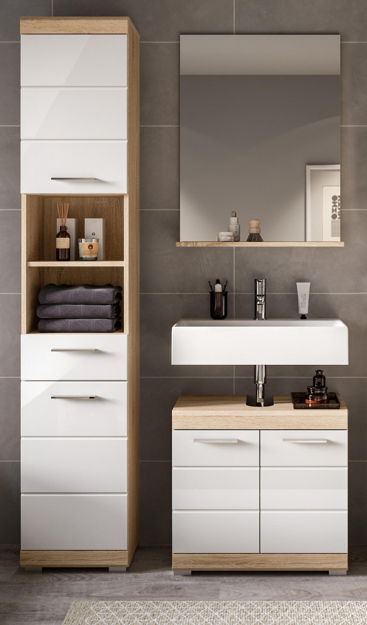 BADMÖBEL-SET weiß Hochglanz, Eiche 3-teilig 112 cm mit viel Stauraum - Weiß Hochglanz/Eichefarben, Holzwerkstoff (112/191/34cm) - Inn.Furn