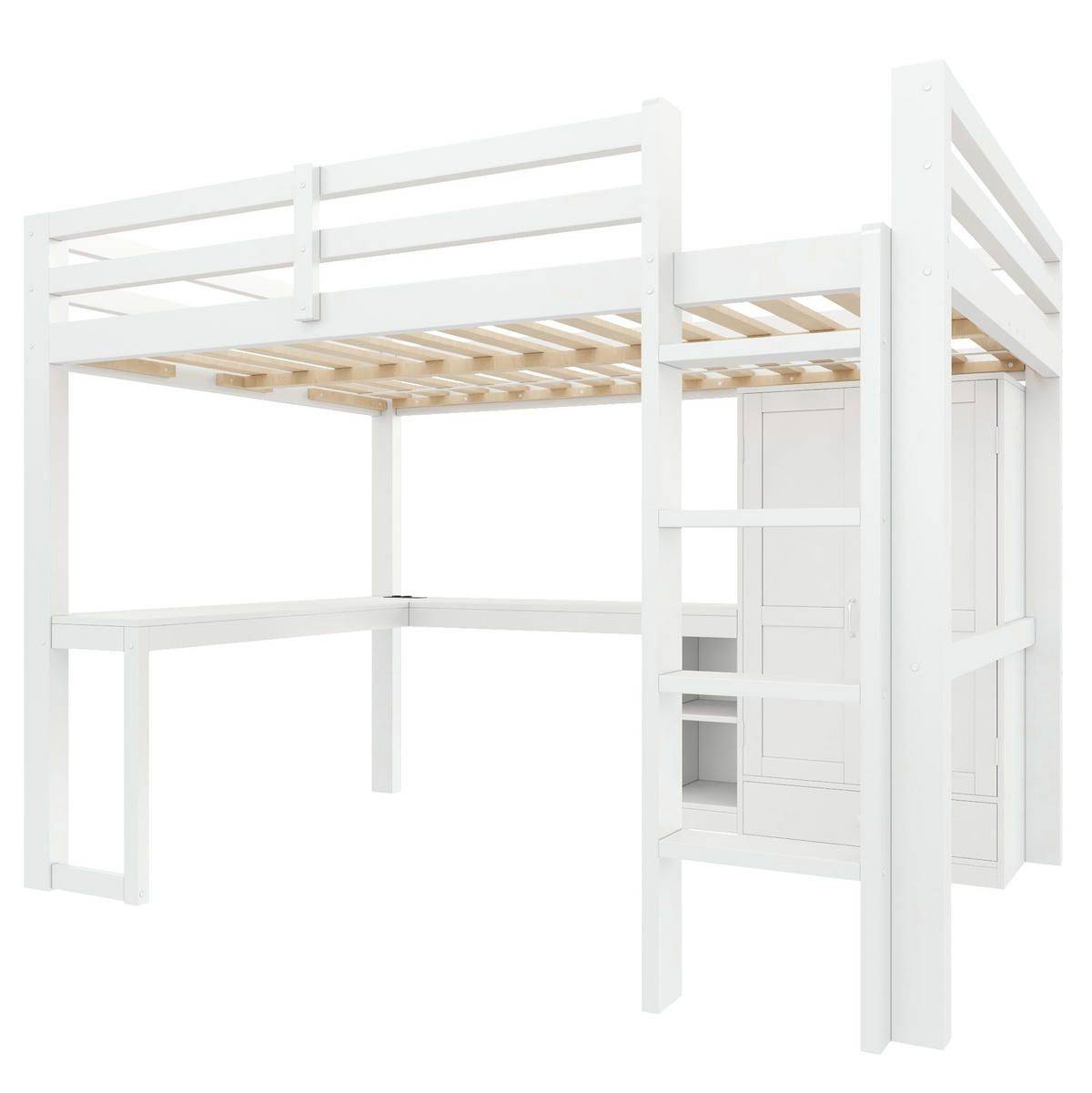 HOCHBETT aus Kiefernholz 140x200 cm Weiß mit Schreibtisch, Kleiderschrank, USB-Anschluss und LED-Beleuchtung - Weiß, Holzwerkstoff (140/200cm) - Modfu