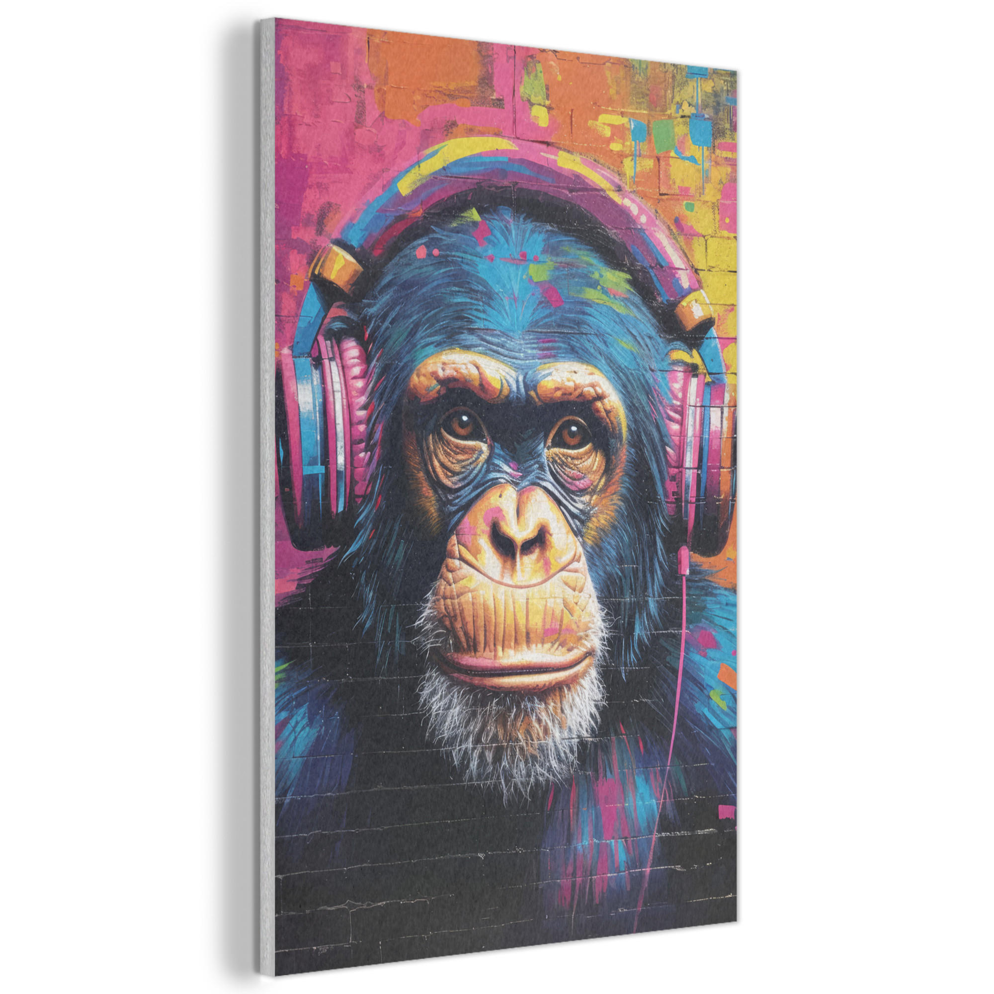 AKUSTIKBILD Graffiti - Schimpanse - Straßenkunst - Kopfhörer - Affe Wanddeko 60x90 cm - Blau, Kunststoff (60/90/0.9cm) - MuchoWow