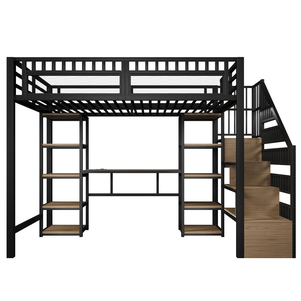 HOCHBETT 140x200cm Schwarz Mit Schreibtisch USB & LED - Schwarz, Metall - FLIEKS