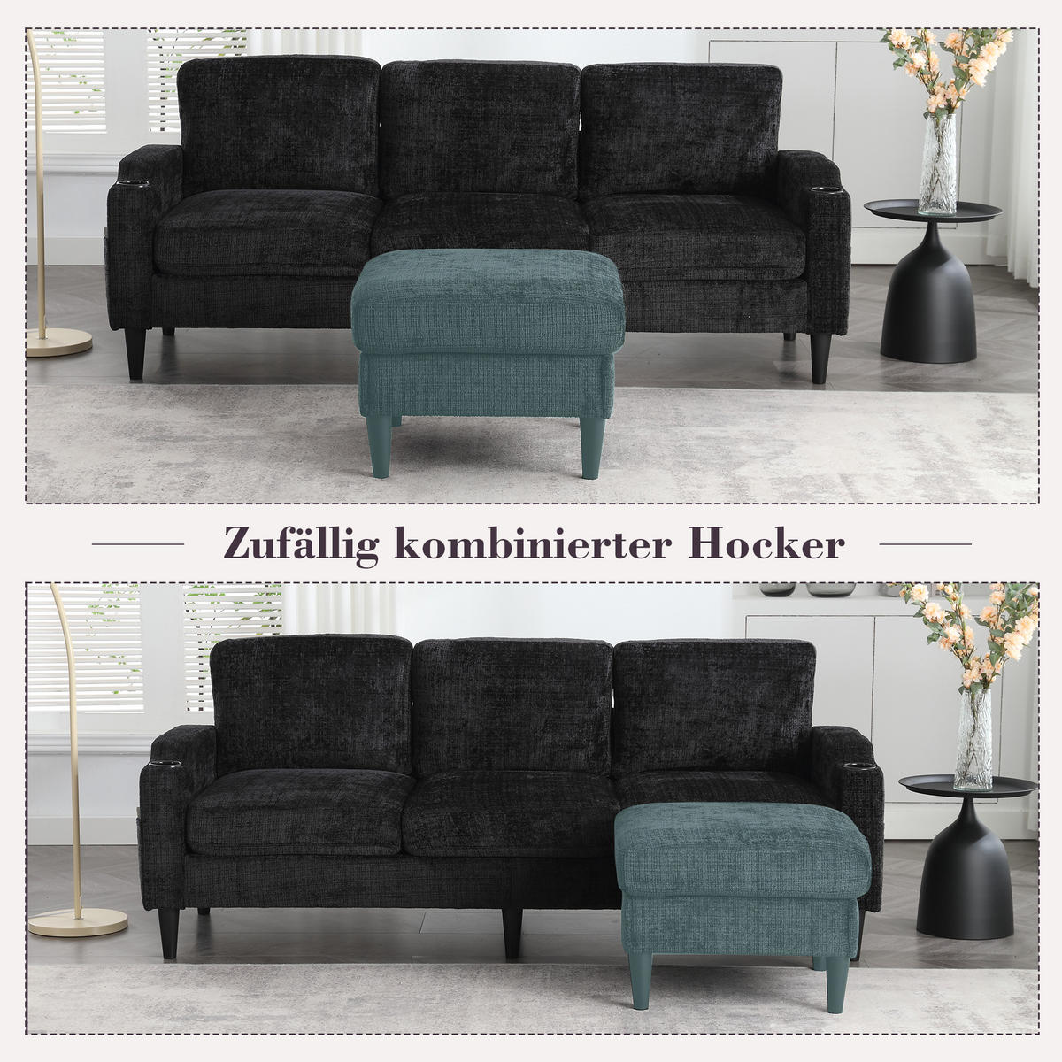 ECKSOFA 163/121/66 cm Schwarz mit 1 Aufbewahrungshocker, Aufbewahrungstasche und Getränkehalter - Schwarz, Textil (196.5/75cm) - Oxeza